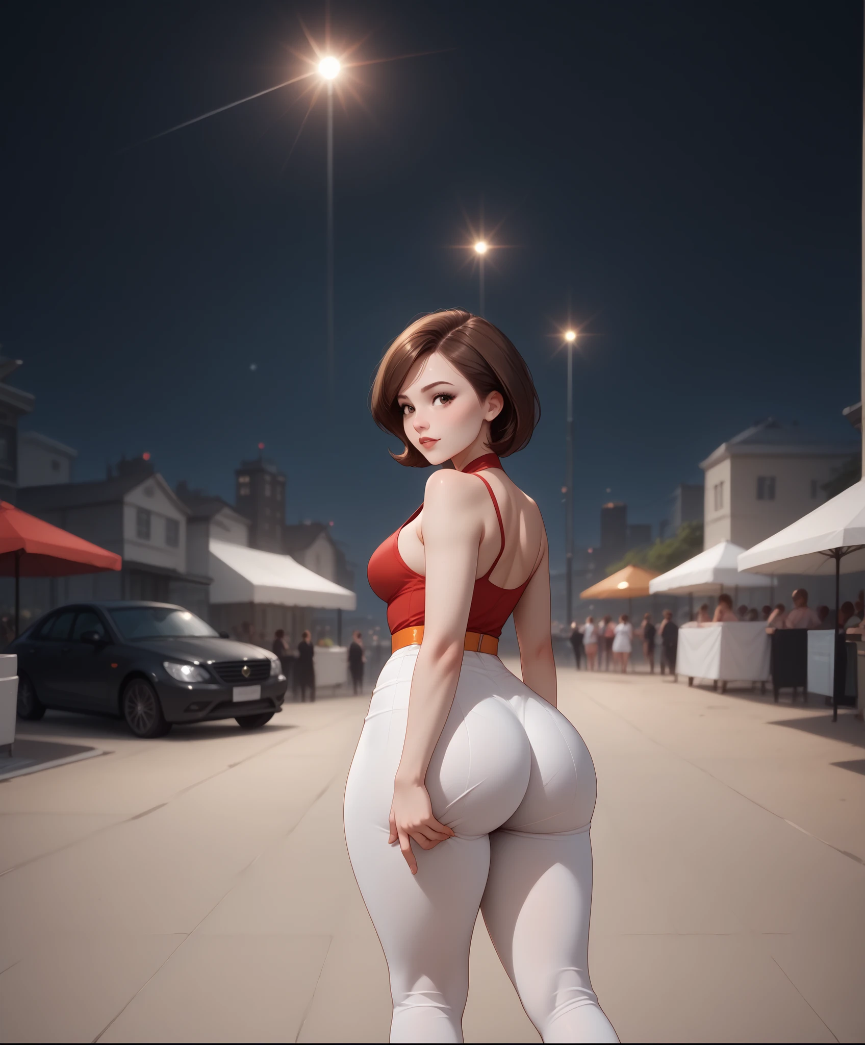 (((Best Quality , 8K , Masterpiece: 1 . 3)) , Full Body , Focus Clear: 1 . 2 , Outstanding Beauty: 1 . 4 , Slender Abs: 1 . 2)) , ((dynamic angle)) , (((wide view))) , wide-angle lens , extremely detailed , CG , 8k Amazing , finely detail)) , (intricate details , depth of field) , 8k UHD, Expressiveh , (cute face , cute body))), 1girl, high detailed, backside, photo from behind, thicc, wide hips, tight shorts, detailed face, beautiful expression, alluring gaze, captivating pose, elegant silhouette, dynamic composition, cinematic lighting, warm color palette, photorealistic, 8K, hyper detailed, professional photography, natural skin tones, studio lighting, (((1girl, helenp, helen parr, elastigirl, brown hair, brown eyes, domino mask, mask, red bodysuit, black highleg shorts, orange belt, black elbow gloves, black thigh boots, wide hips, medium breasts))), ((((seductive pose , sexy pose , cowboy pose , hourglass figure)))) , ((precise face and eyes:1))