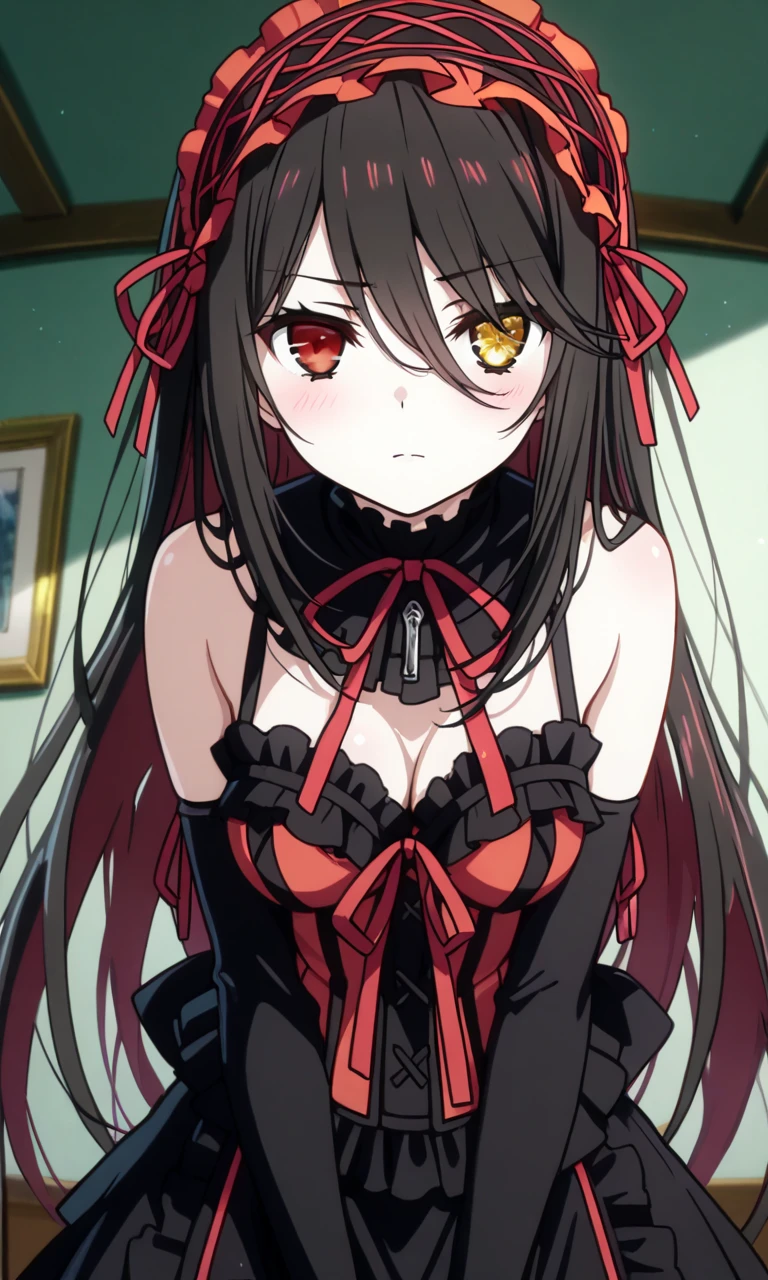 kurumi tokisaki, black hair, red eyes, long hair, twintails, yellow eyes, hairband, heterochromia, dress unbuttoned, red dress unbuttoned, bare shoulders, collarbone, choker, bowtie, red bowtie, detached sleeves, corset unbuttoned, frills, cleavage unbuttoned,sitting,legs open, looking at viewer, cowboy shot, dutch angle,showing naked breasts, medium large breasts, showing naked breasts ,loli(cowboy photo: 1.5)