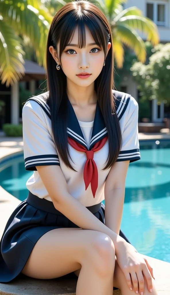 play sports often, long hair、(sailor suit:1.4)、(Navel exposed:1.2)、(barefoot:1.1)、(pleated skirt:1.1)、No panties, (Cyberpunk settings: 1.2), compensate,, (1 girl: 1.4), highest quality, masterpiece, (reality: 1.2), young woman, lady, detailed face, fine eyes,(black hair)、fine hair, fine skin, looking at the viewer, dramatic, vibrant, sharp focus, 50mm, f1.2, EOS R8, (3/4 body: 1.2), (With the pool in the background: 1.6), (highest qualityの詳細: 1.2), 8K HD,(spread legs:1.4)