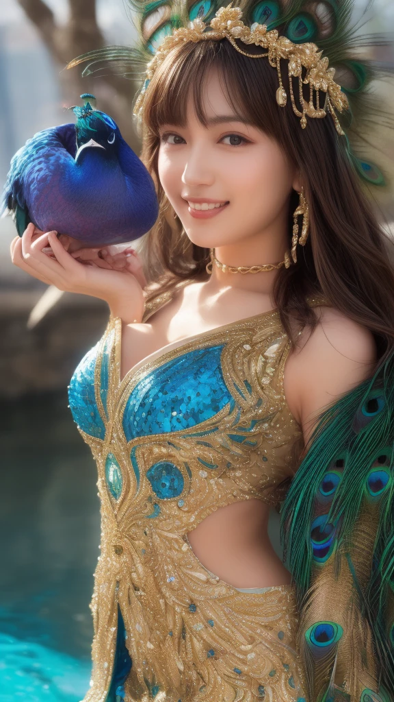 in the morning of hill, 1 Smile Girl Ride a dragon, Solo, Turning Head, parted lip, 8K, Best quality,High quality deep V dress, Masterpiece,rich facial texture, full bodyesbian, beautiful pendant, , jewelry, Earrings, cleavage, Floral_print, Long_Sleeves,flower headpiece,Sexy pose, Hair_flower, sash,