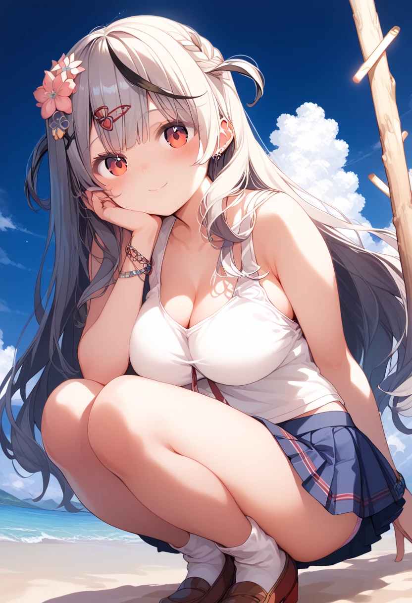 1girl, solo, summer, village, trees, sun, clouds, ((white hair)), twintail, large breasts, green eyes, ((black bra)), ((white top)), white skirt, brown shoes, looking at the viewer, smile, hair ribbon