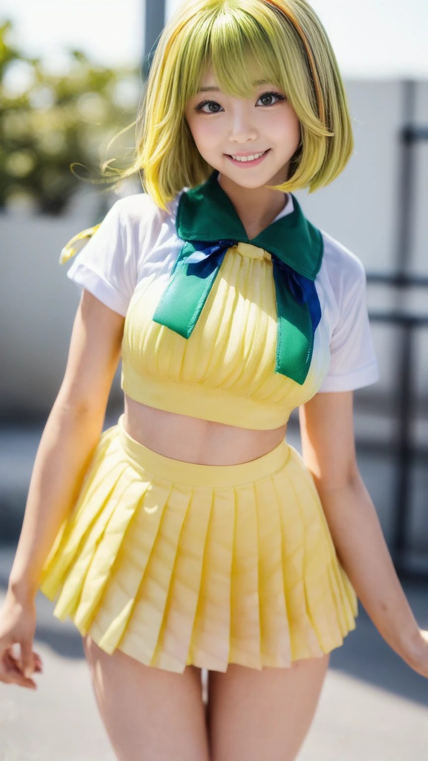 Gorgeous punk idol girl、whole body、Good style、、、、、、、、Orange and green punk costume（Shorts Style、Off the shoulder）、、、、、Roll Hair、Wonder Belt、Fishnet tights