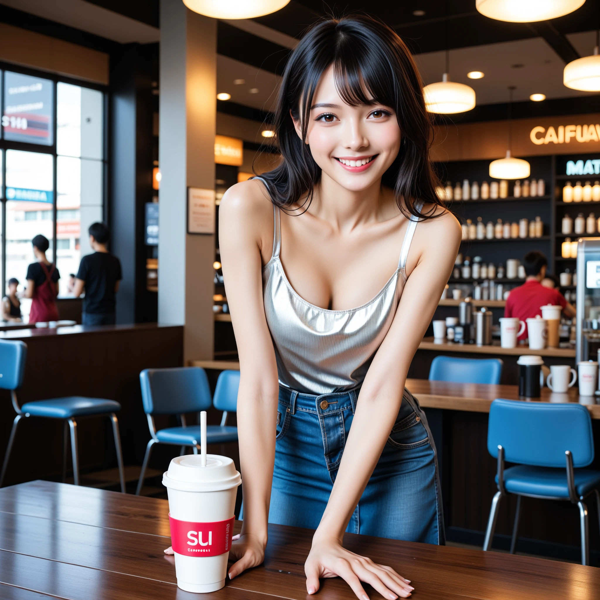 (photorealistic:1.8, highest quality:1.8,8K masterpiece:1.8,High resolution,muste piece:1.8,RAW Photos,cinematic lighting),No split screen, morning、Good Morning、The coffee shop of the future、（A 23-year-old female clerk brewing coffee:1.5)、
（choker、beautiful breasts、shirt、Denim Micro Shorts、beautiful butt,beautiful thighs,plump nipples、cutting edge fashion）、
shortcut、(Beautiful shiny blue white black brown blonde hair:1.5)、Have fun and laugh、photo seen from behind