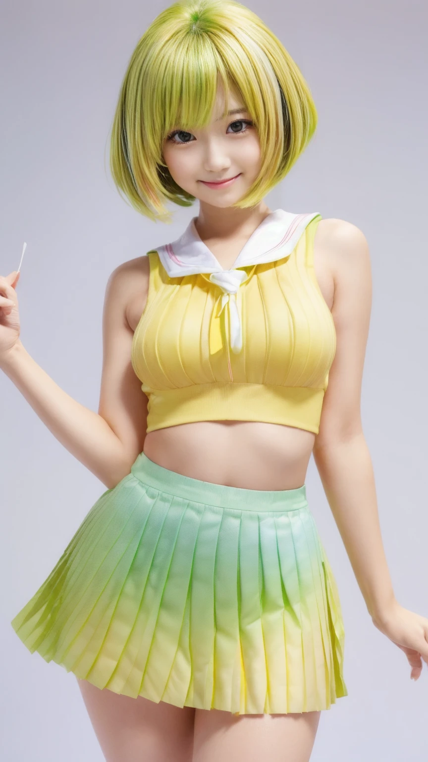 (female:1.2) (bodybuilder:0.8), hyper realistic, masterpiece, photorealistic, real skin, detailed face, detailed skin, detailed lighting, 1girl, (green eyes), long hair, curly hair, green hair, (yellow gradient hair) , half hair, multiple colour hair, hair bow, large breasts, midriff, smile, neck ties, solo