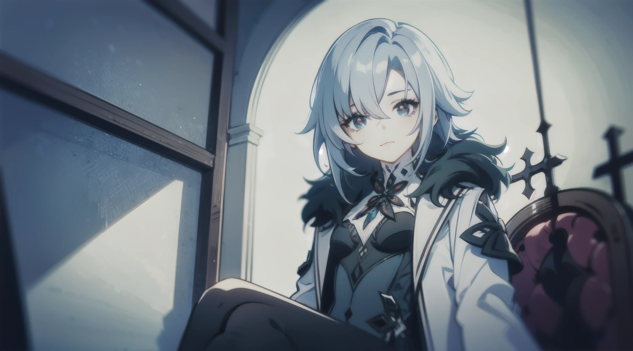 1girl, (solo), low angle shot, ((masterpiece)), (shadow), [slim], (small breasts), (detailed), cinematic lighting, (textured skin), ((sharp focus)), ((very clear)), winter coat, leggings, shoes, palace, (throne:1.2), white hair, black hair, blue eyes, (cross-shaped pupils), adult, fur coat, from below, (sitting), drop shadow, focused, shading, tracing, smooth, pale skin, sharp, (pixiv), ((detailed surroundings)), arlecchino(genshin impact)