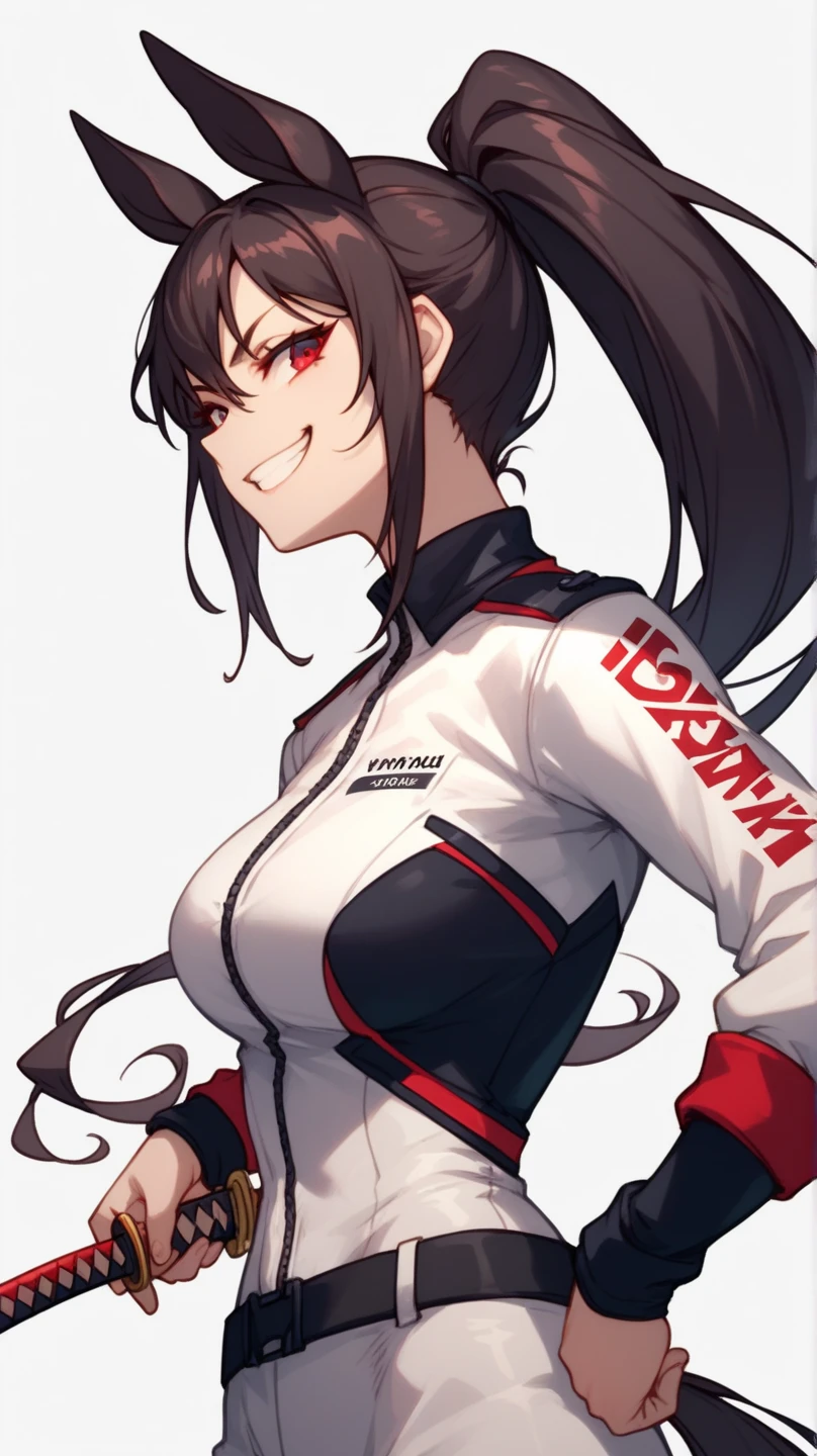 white and red tight rider suit, yellow scarf, black hair, glossy hair, long hair, beautiful woman,