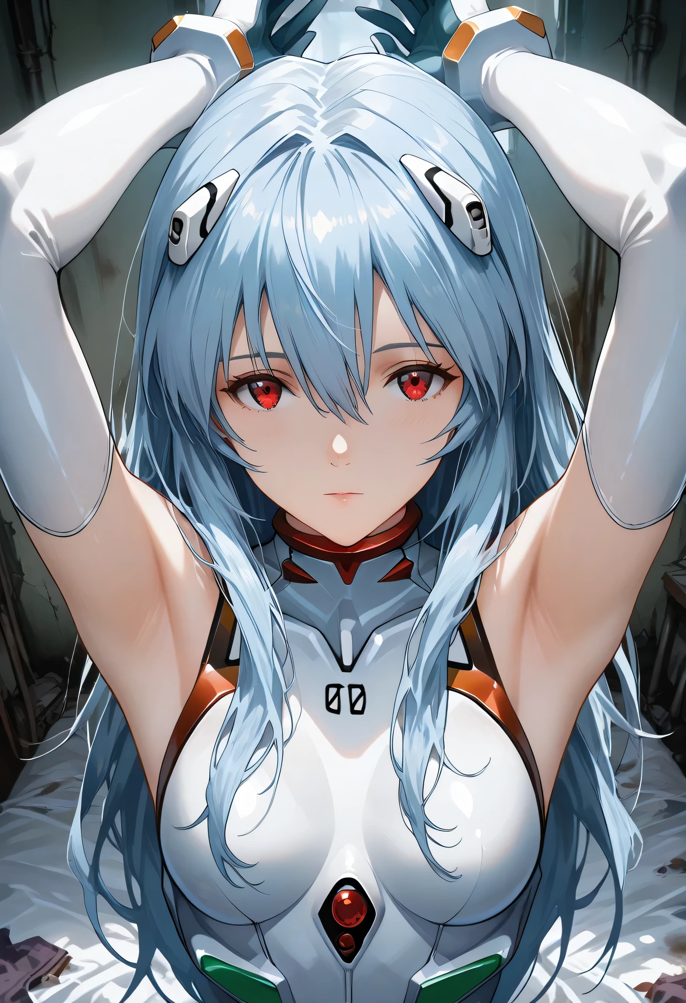 best quality, masterpiece, looking at viewer, 1girl,portrait of r31ayanam1, Dirty bedroom in an abandoned building, Old bed, 1girl, blue hair, red eyes, long hair style, from above , white plugsuit, Armpit , Random pose