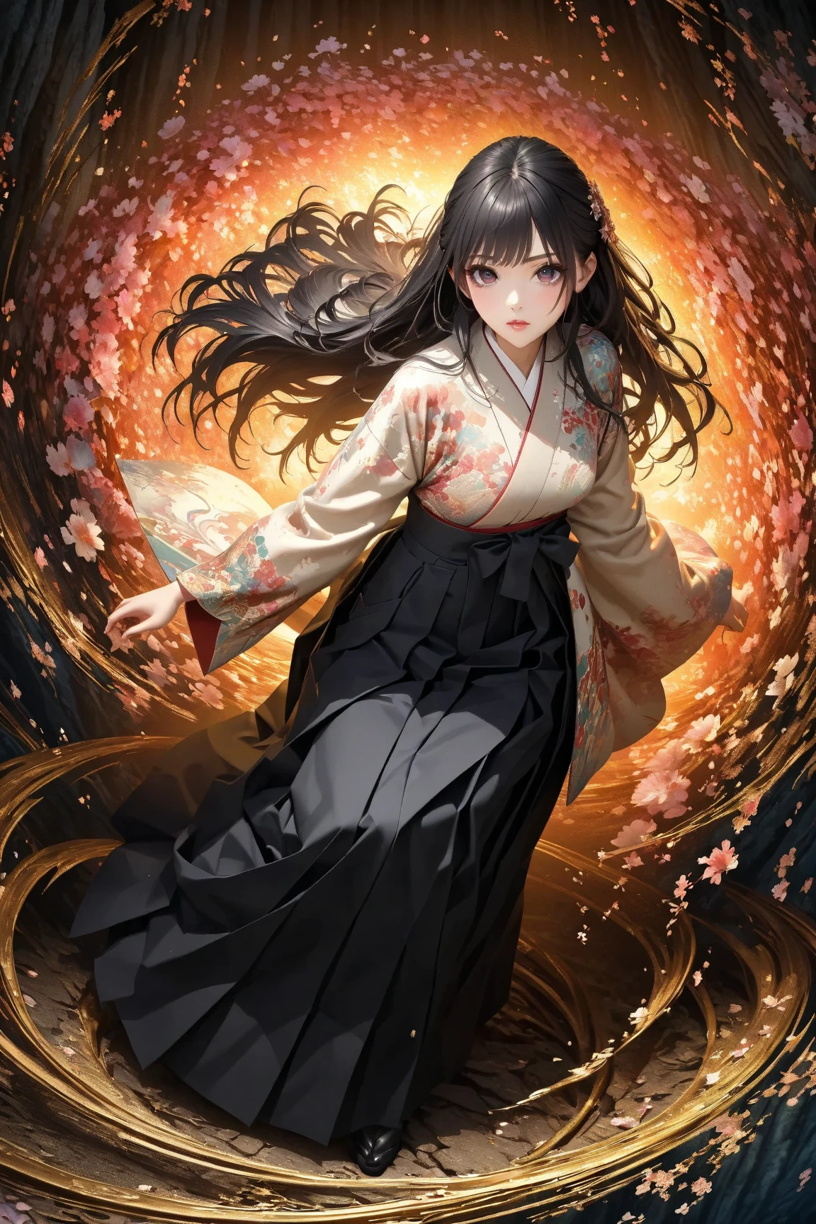 woman in hakama、solo、full body、(Deep, shining, detailed dark eyes)、moist lips、glossy detailed black hair、long hair。UHD、of the best quality、high image quality、greatest masterpiece:1.4、16K、high definition、absurd、realistic nestled on a forest path、Draw with oil pastels、The background is fractal art with the theme of everything in the universe、vivid color palette、painting or digital art、3d rendering of the background、 Intricate Artwork 、complicated and detailed、dynamic poses、isometric drawing