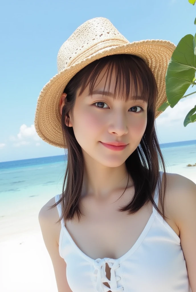 (highest quality,masterpiece:1.3,ultra high resolution),(Super detailed,caustics,8k),(photorealistic:1.4,RAW shooting),16-year-old,cute,Japanese,straw hat,Black Hair Middle Hair,(T-shirt),(smile),looking at the camera,blue sky,sun,Backlight,(top of the hill),(Tall green grassland:1.1),(Standing in the steppe),(ground level shot:1.1),(shot from the waist up),(face focus),(low position:1.2),(Low - Angle:1.2),Natural light , (shy smile :1.3)