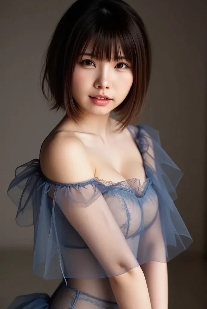 (8K、top-quality、masterpiece:1.2)、(reallistic、フォトreallistic:1.2)(ultra-detailliert、hight resolution), ultra-detailliertかわいい女の子, (Realistic:1.2),(Brown eyes:1.3), Lafed Girl, Michopa, With short hair, 20yr old, blush, Parted lips, , (Vulgar underwear,There is silk underneath the front............) ,Half body shot , bed , Squat, (Negative Prompt)