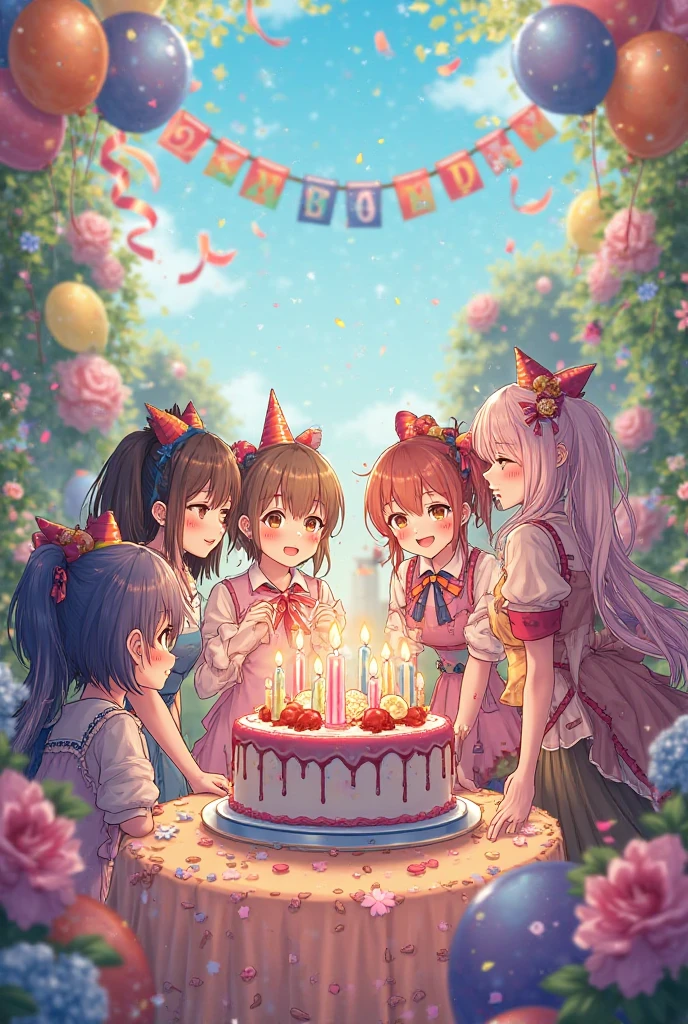 Four girls, birthday party, everyone is laughing, characters have some connection with each other, birthday cake on the middle round table, balloons in the sky, bright colors comfortable and harmonious, perfect body proportions, comfortable and reasonable spatial relationships, perfect quality, clear focus, (clutter - home: 0.8), (masterpiece: 1.2) (Realistic: 1.2) (Bokeh) (Best quality) (Detailed skin: 1.3) (Intricate details) (8K) (Detail Eyes) (Sharp Focus), (Happy)
