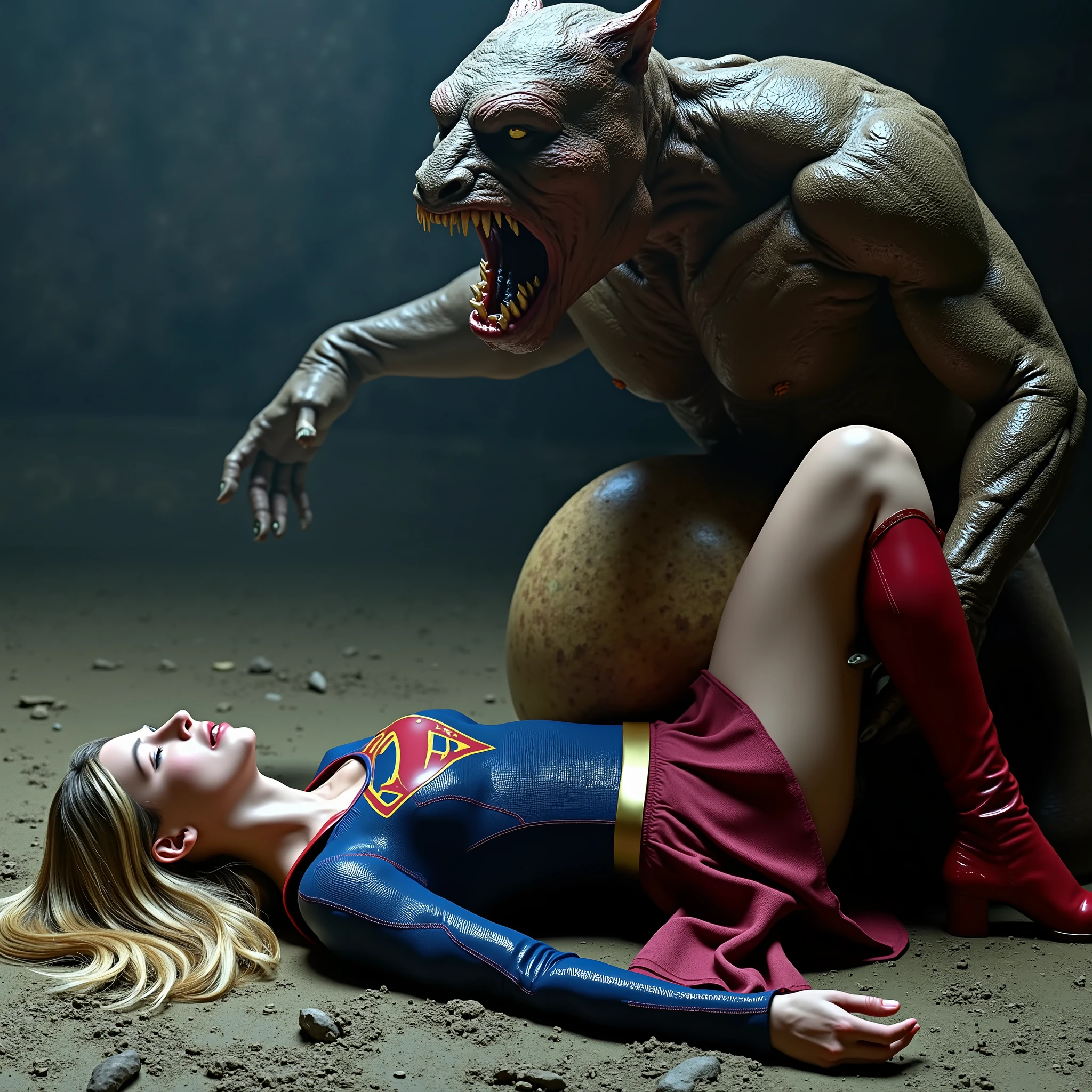 Supergirl is lying flat on the dirt, very bright white skin, her legs are wrapped around a monster body, can see whole body, She is wearing a thin black pantyhose, very short red skirt, flipped up skirt, red knee height long boots, blonde hair, unconsciousness, eyes close, painful face, a fierce monster is crawling on Supergirl body, its body is between her legs, (penis bulge), photorealistic, hyperrealism, night time, underground cave,