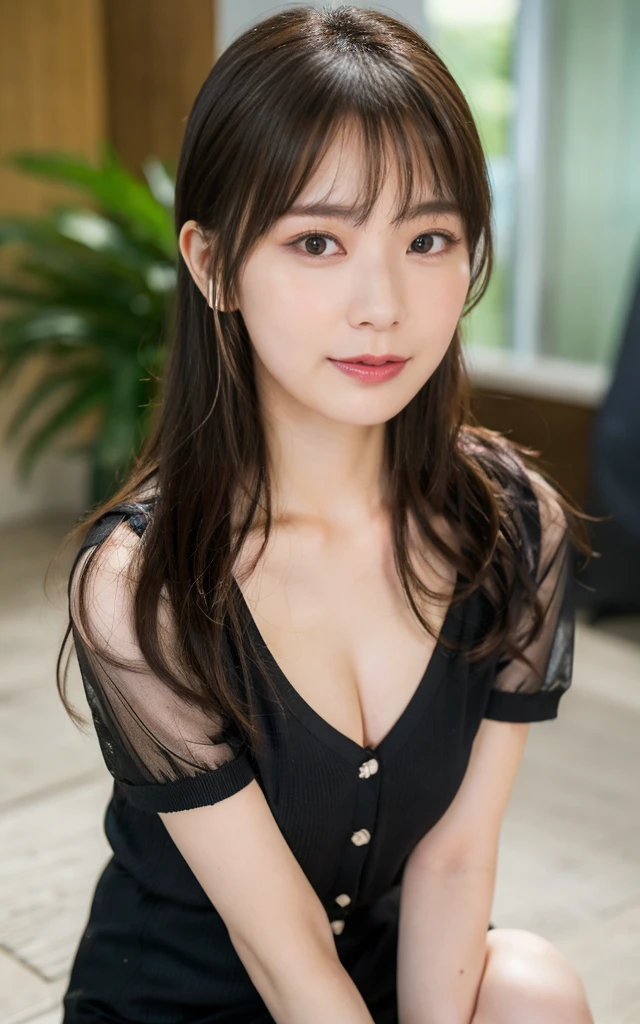 (masterpiece:1.3), (8k, Realistic, RAW Photos, Best image quality: 1.4), 20-year-old girl、(Random Hairstyles:1.2)、Highly detailed face、Attention to detail、double eyelid、Sharp focus:1.2、Beautiful woman:1.4、Light brown hair、Highest quality、masterpiece、Ultra-high resolution、(Realistic:1.4)、Highly detailed and professional lighting、Brown Knight、thin、smile、Long black hair、Deadly position、Beautiful Skin、Random Pause、Shiny Hair、Sculpture model pose、