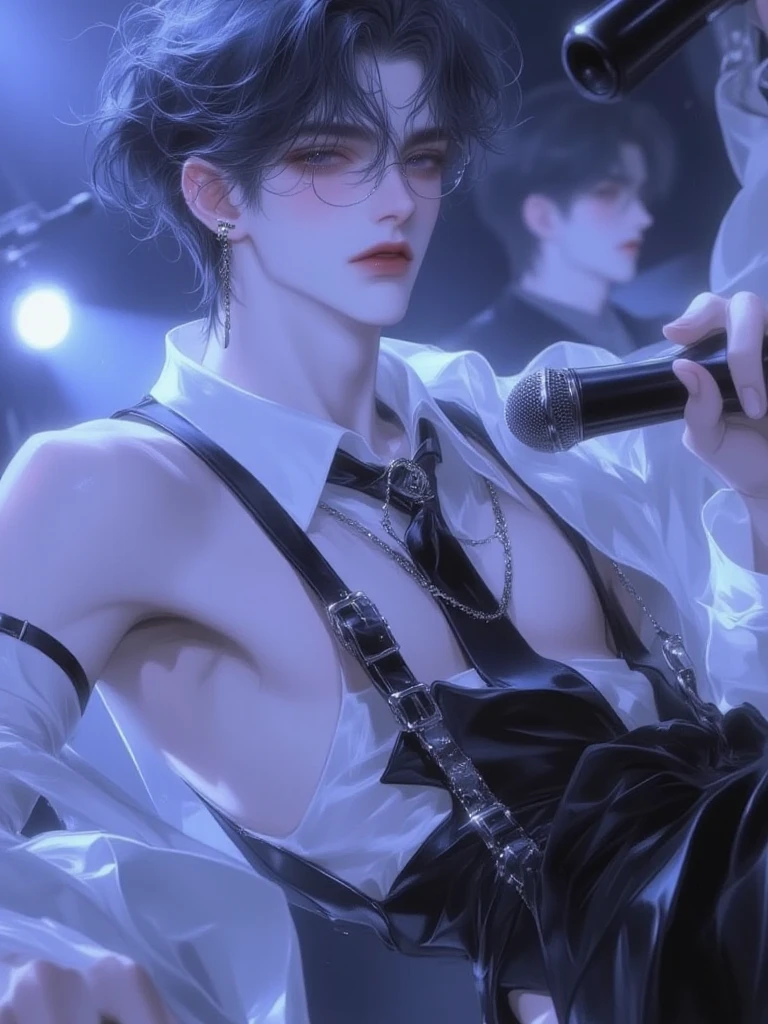 tmasterpiece,Need,super-fine,Semi-realistic，Aladdin A man in a white shirt sings into a microphone,\'s grecian nose,  Cai Xukun, Inspired by Bian Shoumin, jungkook, hyung tae, Shot on Canon EOS R 6, shaxi, jia, black haired yoongi, IU, Performing on stage, closeup cleavage!!!!!!