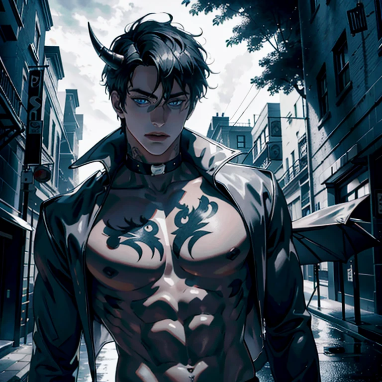 "(La mejor calidad,4k,8k,Altas Resoluciones,obra maestra:1.2),ultra detallado,(realista,fotorrealista,fotorrealista:1.37), Manhwa Art European 25 years old man, piel de marfil, Cabello desordenado cabello negro azabache, personaje de lovecraft, penetrantes ojos, Iris gris, Llevar abrigo negro, Torzo desnudo, cuerpo musculoso, cuerpo Atletico, razor-sharp jawline, mirada penetrante, Cold and mysterious character, cuerpo completo, cuerpo Atletico, tentaculos negros saliendo de su cuerpo, dios de lovecraft, 8k, Detailed features, muy guapo, Dreamy look on his face, bright illumination, fondo borroso, tatuajes sexys por el cuerpo