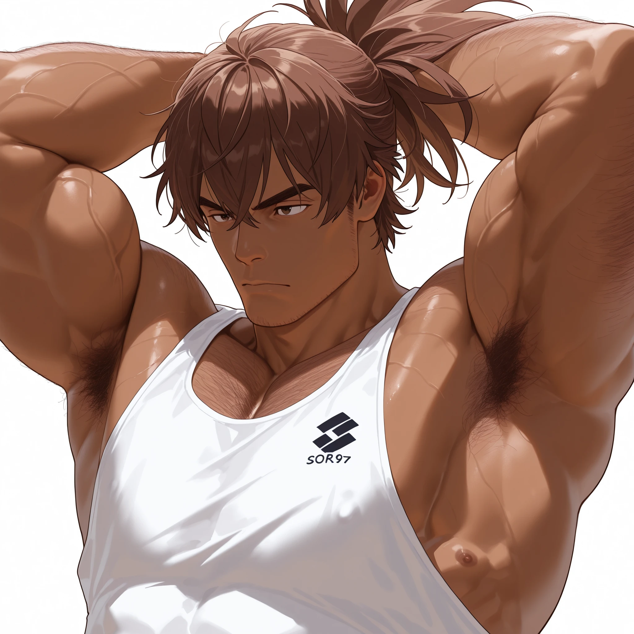 1 tall, muscular, dark-skinned malem, hairy body, Highest quality、masterpiece、Super Detail、armpits hair, arms hair, blown hair, 一本一本詳細な体毛、realistic hair, 一本一本詳細な体毛、realistic hair, brown hair, manly man、体毛フッサフサ、脇毛もフッサフサ、黒い細い毛がこびりついている