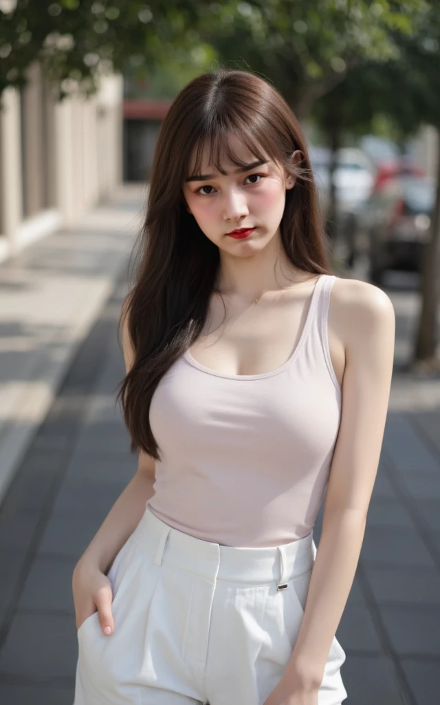 1 Girl,seaside,Soft Light,Chinese Beauty,sleeveless tops,Pleated Skirt,