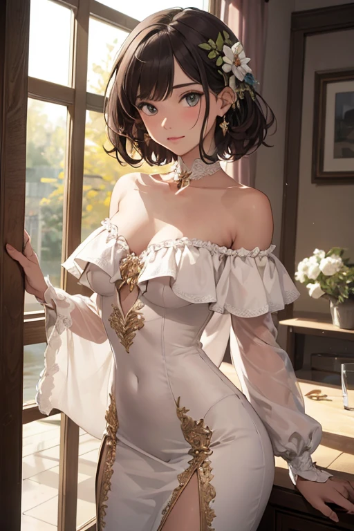 (((Masterpiece))),(((Super Detail))),(((in 8K))),(((best composition))),(((Rim lighting,Fireglow effect,deep shadow))),solo),Beautiful fingers,Detailed finger features,(Detailed hair features:1.7),(Dynamic and sexy bending pose:1.3),detailed facial features,detailed clothes features, (perky chest:1.1), (pointed chest:1.3), delicate beautiful face, Bright blue eyes, cute eyes, sparkling eyes, Big eyes, beautiful detailed eyes,double bun with glittering hair ornament:0.6,(super detailed glossy skin:1.3),slender body,goddess smile,((with sparkling eyes and a contagious smile)),beautiful posture,have a cup of coffee,black hair, red eyes, dress, bare shoulders, jewelry, collarbone, sidelocks, hairband, earrings, indoors, off shoulder, sweater, arms behind back, plant, short hair with long locks, white hairband, off-shoulder dress, sweater dress, off-shoulder sweater, red sweater, big side hair, very long side hair,(super delicate floral pattern:1.2),seductive cleavage:1.3,beautiful glossy legs,shiny red high heels,lifting dishes with cakesd,french restaurant,hustle and bustle,rising steam,(((depth of fields)))

