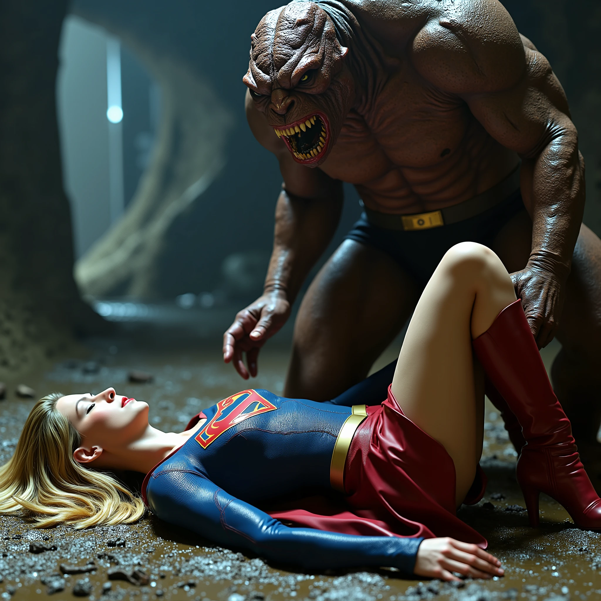 Supergirl is lying flat on the dirt, very bright white skin, her legs are wrapped around a monster body, can see whole body, She is wearing a thin black pantyhose, very short red skirt, flipped up skirt, red knee height long boots, blonde hair, unconsciousness, eyes close, painful face, a fierce monster is crawling on Supergirl body, its body is between her legs, (penis erection), photorealistic, hyperrealism, night time, underground cave,