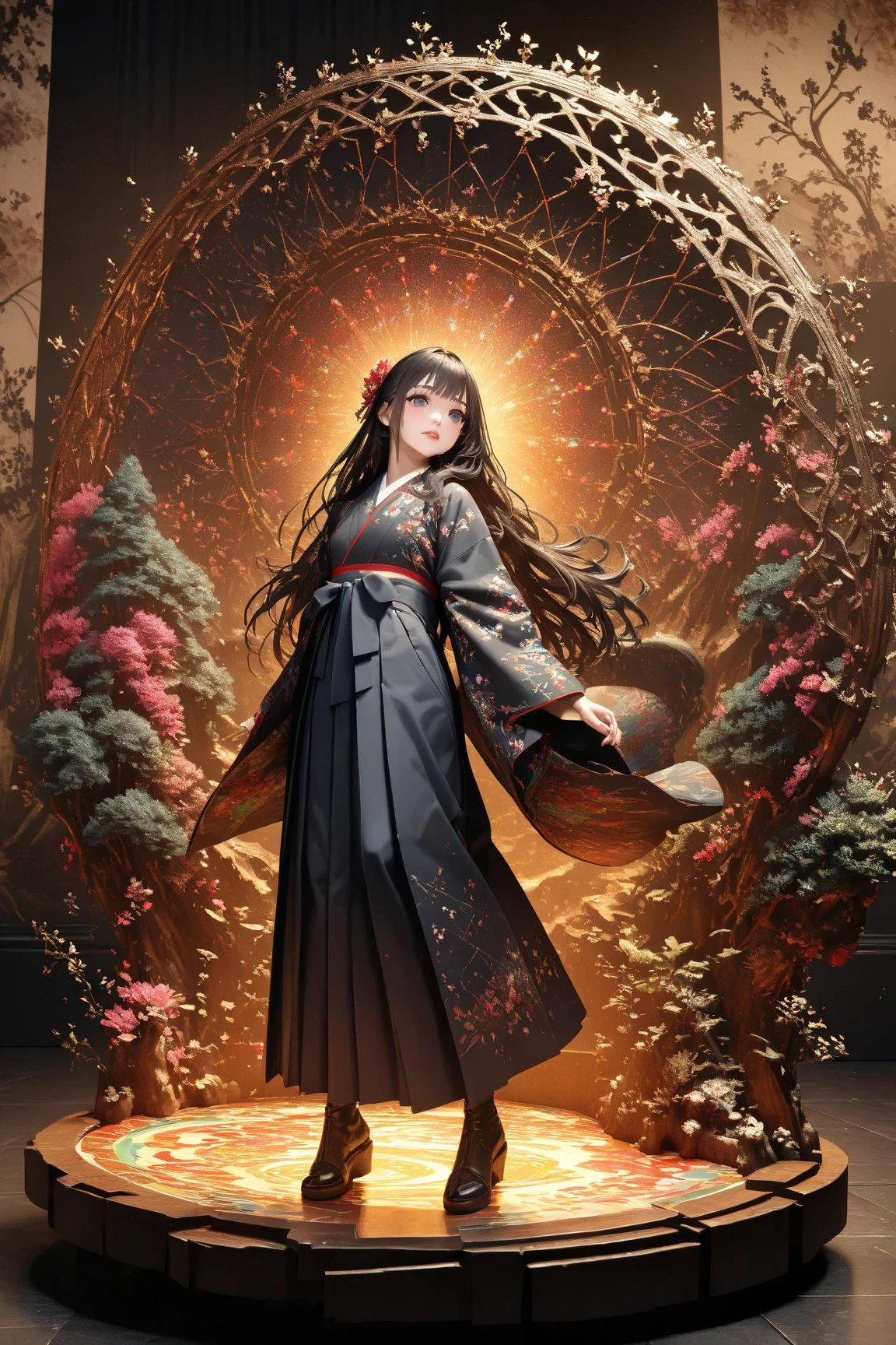 woman in hakama、solo、full body、(Deep, shining, detailed dark eyes)、moist lips、glossy detailed black hair、long hair。UHD、of the best quality、high image quality、greatest masterpiece:1.4、16K、high definition、absurd、realistic nestled on a forest path、Draw with oil pastels、The background is fractal art with the theme of everything in the universe、vivid color palette、painting or digital art、3d rendering of the background、 Intricate Artwork 、complicated and detailed、dynamic poses、isometric drawing