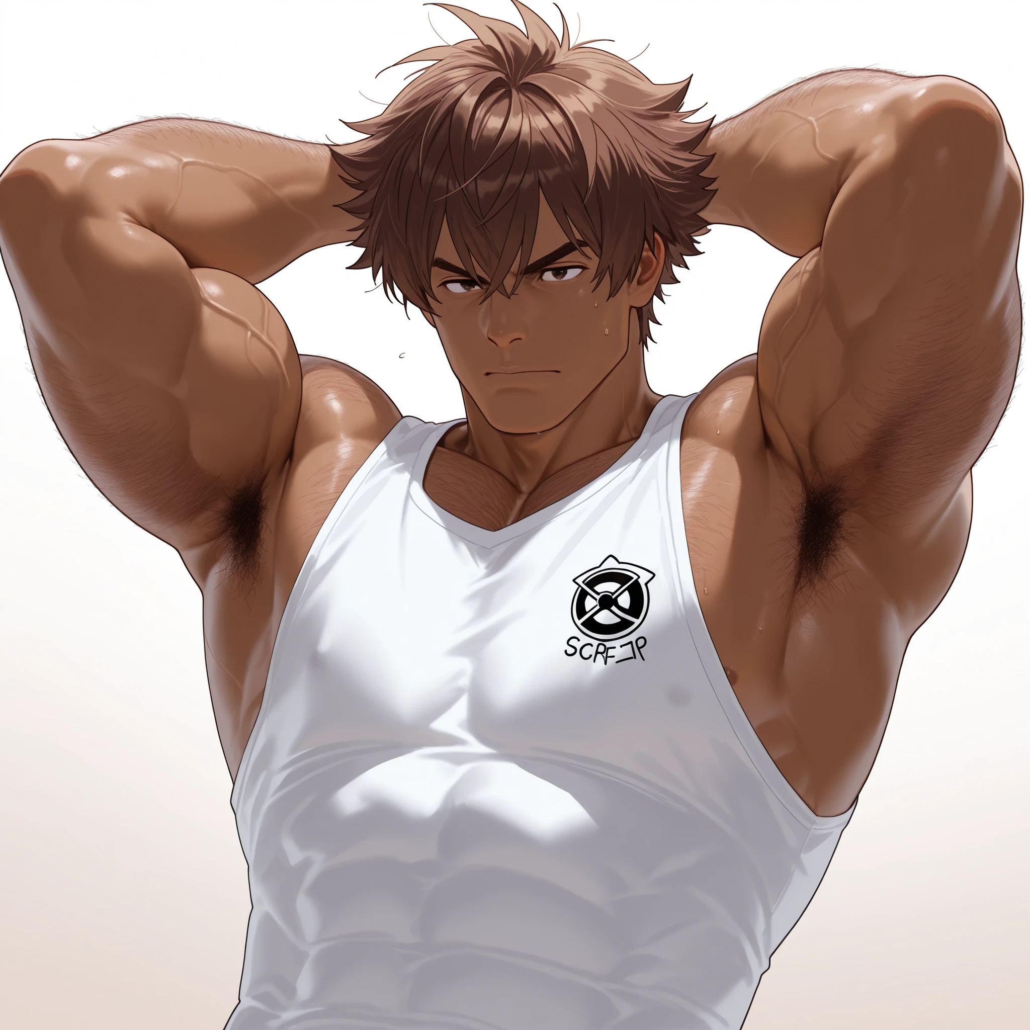 1 tall, muscular, dark-skinned malem, hairy body, Highest quality、masterpiece、Super Detail、armpits hair, arms hair, blown hair, 一本一本詳細な体毛、realistic hair, 一本一本詳細な体毛、realistic hair, brown hair, manly man、体毛フッサフサ、脇毛もフッサフサ、黒い細い毛がこびりついている, big hip