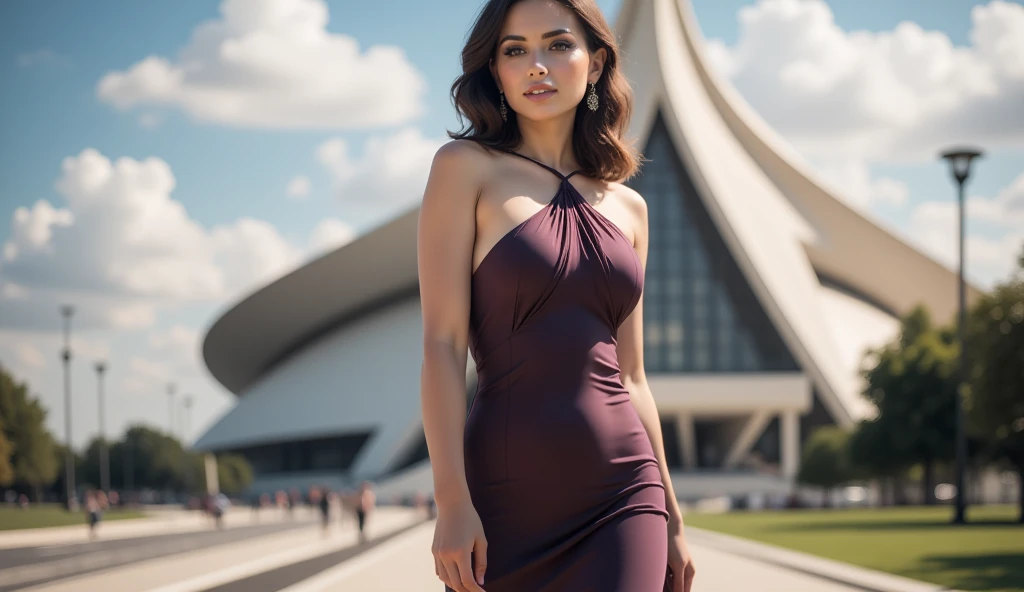 In a fantastical Candyland-esque realm, akin to Disneyland's enchanting allure, ((super huge plus boimbo women body shape)), a radiant Indian beauty stands, her voluptuous figure accentuated by a vibrant pink bikini. Her perfect pink eyes sparkle with life against a backdrop of a soft, blush-toned sky and a lush, Her face, a stunning work of art, is adorned with a detailed, , styled in an intricate updo, A stylish woman exudes confidence in a captivating, crimson wrap dress with a plunging V-neckline, her long, wavy blonde locks cascading down her shoulders. She stands on the cobblestone streets of Paris, the iconic Eiffel Tower glowing under the warm, golden hues of the setting sun, creating a romantic and enchanting backdrop. The woman's pose is elegant yet playful, with one hand resting on her hip and the other raised, as if ready to take on the city of love. The overall scene exudes a sense of sophistication and allure, of the finest quality, resembles real skin and features a collar and a side masterpiece, adding an air of sophistication to her whimsical surroundings