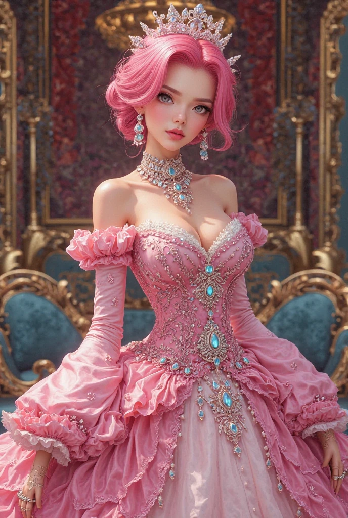 Majestic queen woman pink color sitting big breast green hair with crown tender smiling