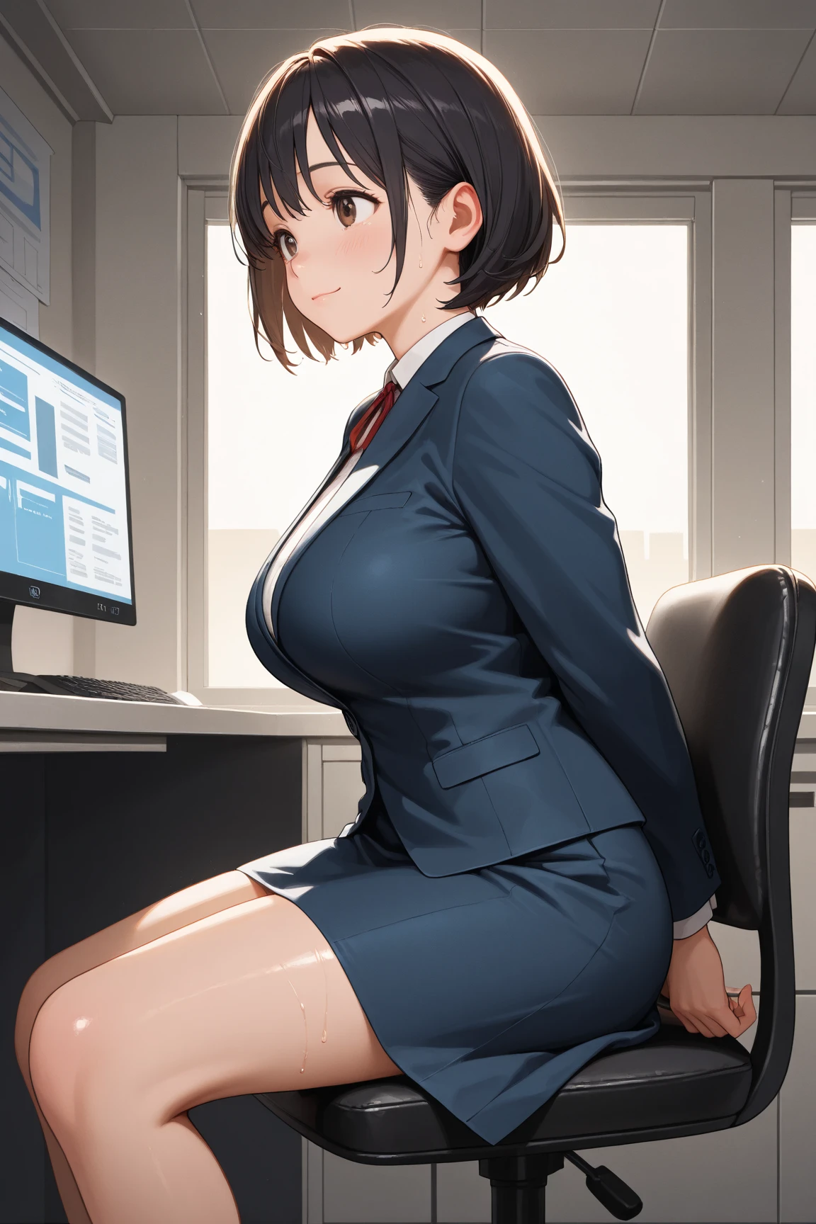 highest quality, Flying debris、Beautiful woman、officeレディー、Black Hair、(Brown eyes、Big Breasts、Blunt bangs)、short hair、チェック柄のダークブルーのofficeスーツ)、new employee,Full Body Shot、Female office lady、break(Dark blue checked vest、White dress shirt、Navy blue mini tight pencil skirt:1.2)、(Black Pantyhose、garter belt、High heels)、break(office:1.3)、Cleavage、Shirt buttons fly off、Absolute area、Blushing、Embarrassed