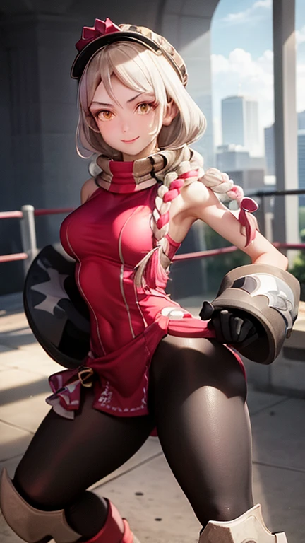 (masterpiece, best quality:1.2), <lora:fireemblem_framme-10:1>, cowboy shot, solo, 1girl, framme, smile, looking at viewer, arm up, hat, sleeveless, bike shorts, gloves