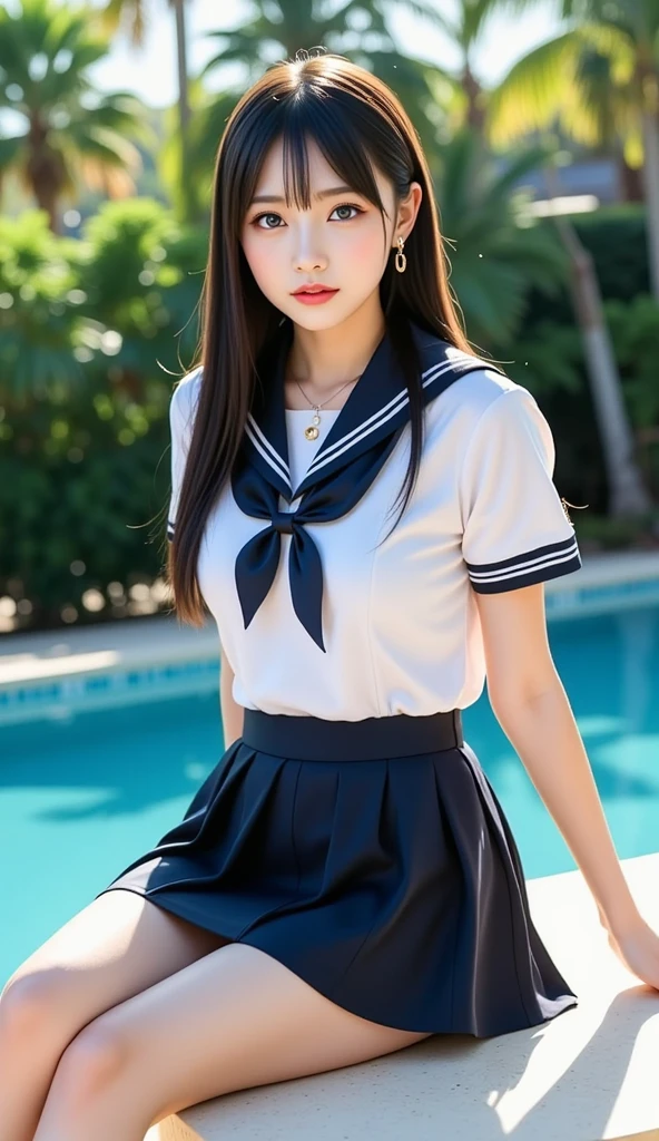 (best quality, 8k, 32k, masterpiece, UHD:1.2), (RAW photo), (realistic), (photorealistic:1.2), (high resolution), huge filesize, ultra-detailed, extremely beautiful face & eyes, 1girl, japanese elementary school student,, 13yoyo, rosmall face, baby face, thin waist, beautiful belly skin, large breasts, slim proportions, perfect thin thighs, small butt, (darkblue pleated mini skirt, japanese sailor, sailor fuku, serafuku, japanese school sailor suit, sailor red neckerchief), nice hands, perfect hands, accurate hand depiction, sweaty, shy smile, pure white teeth, from below, (blue sky, summer, sun, beach, palm tree, outdoors),