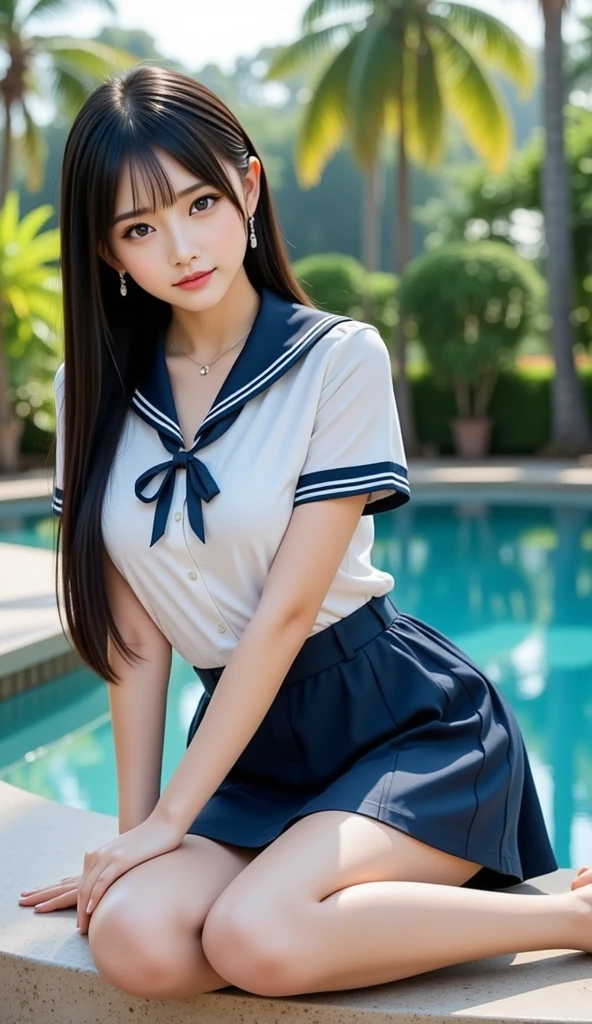 ((highest quality、8k、masterpiece:1.3))、(whole body:1.3),Sharp focus:1.2、(Realistic、Realistic:1.37)、Beautiful legs、Point your feet towards the audience、Get your feet in front of the audience、Woman with beautiful face、28 years old、Pointed Chest、Long eyelashes、Colored contact lenses、delicate,Very fine eyebrows、（Sharp eyebrows）、（Thin eyebrows）.Highly detailed face、(Brunette messy hair:1.3、Sailor suit、(School swimming pool:1.2)、blue sky、、Detailed Background(8k、masterpiece、highest quality、RAW Photos),(Dynamic Pose:1.3),(A radiant smile:1.3)、(Knee-length skirt:1.2)
