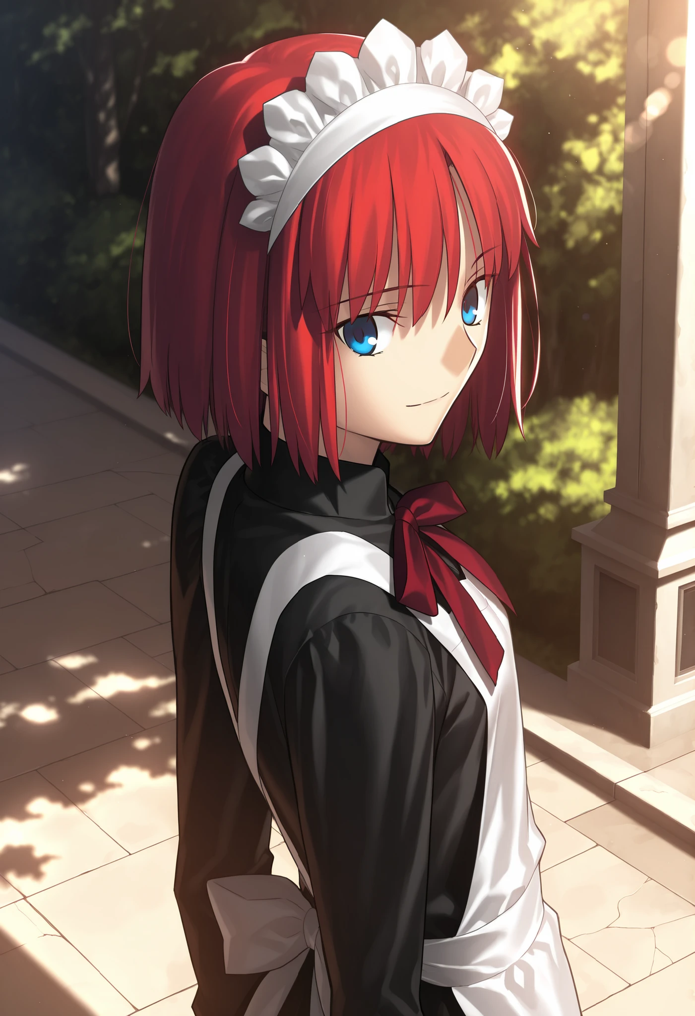masterpiece, , absurdres, highres, detailed background, high resolution, masterpiece, necessary, detail, best quality, quality, necessary, details, High details, Precise, dark, outdoors, school, dappled sunlight, day, lens flare, blurry background, from above, from back, upper body,
1girl, , Takeuchi Takashi (type-moon,tsukihime) style, takeuchi takashi style,
girl, Akiha_Tohno, (tsukihime), red hair, bangs, (short hair, bob cut hair), (very light blue eyes), straight hair, tsurime, maid headdress, (), expressionless, light smile,
(black dress shirt, white apron), , dark red ribbon, small breast, flat chest, , looking back, ,