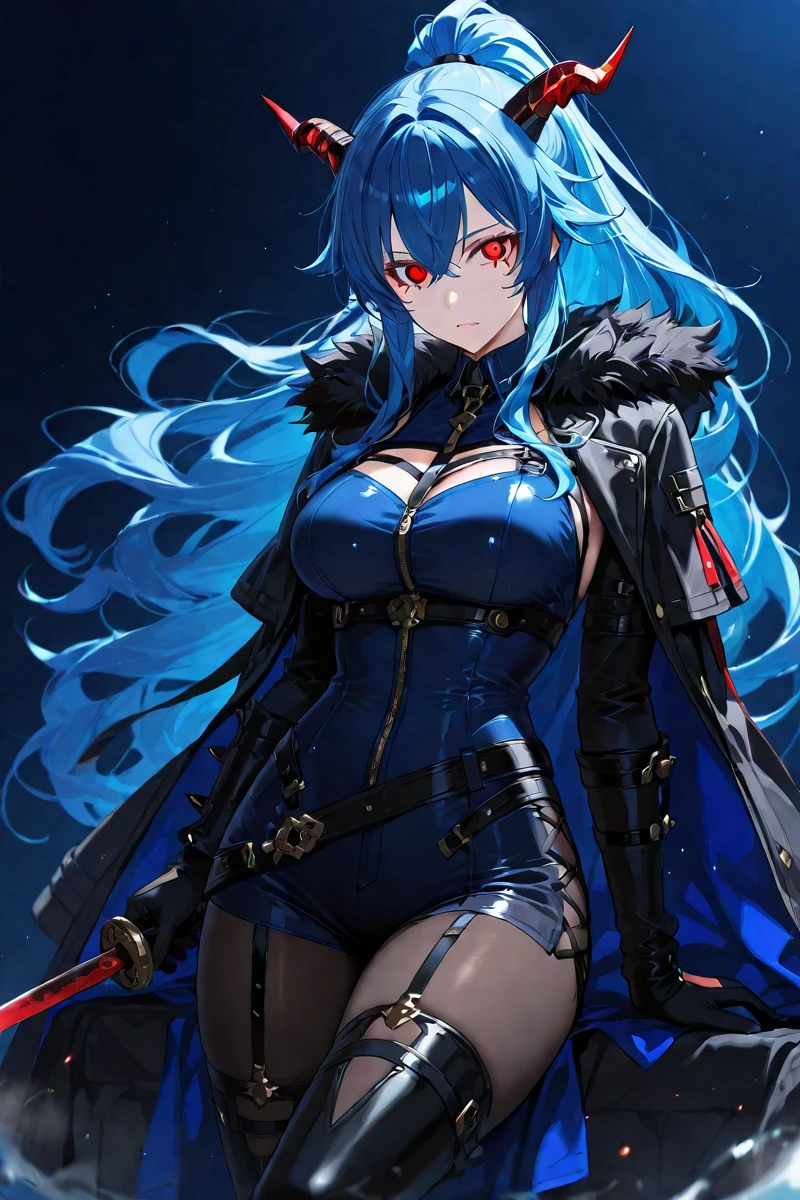 Girl with Ice Blue Glacier Hair, Wearing a Goth dress, Blue hair, Menacing look, Tanned Skin