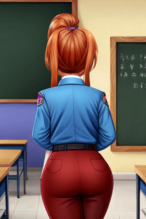 masterpiece, best quality, school uniform, back, feet focus, extreme back arch, medium butt, defined butt, school classroom, sitting on desk, prominent butt crack, looking at viewer, without shoes, schoolgirl uniform, (students looking at her:1.3), seductive, seductive expression