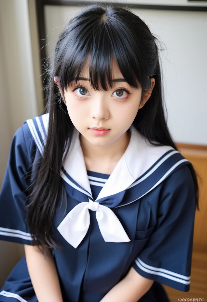 A 10-year-old elementary school girl with long black hair wearing a sailor uniform.