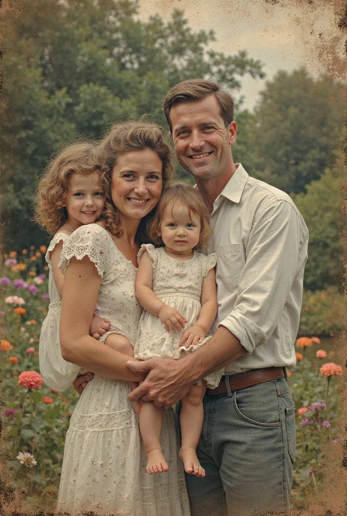 Mother with 2 boys, one adult and one teenager, brown eyes, wearing white clothes. Photo scene with sunflower garden and butterflies.