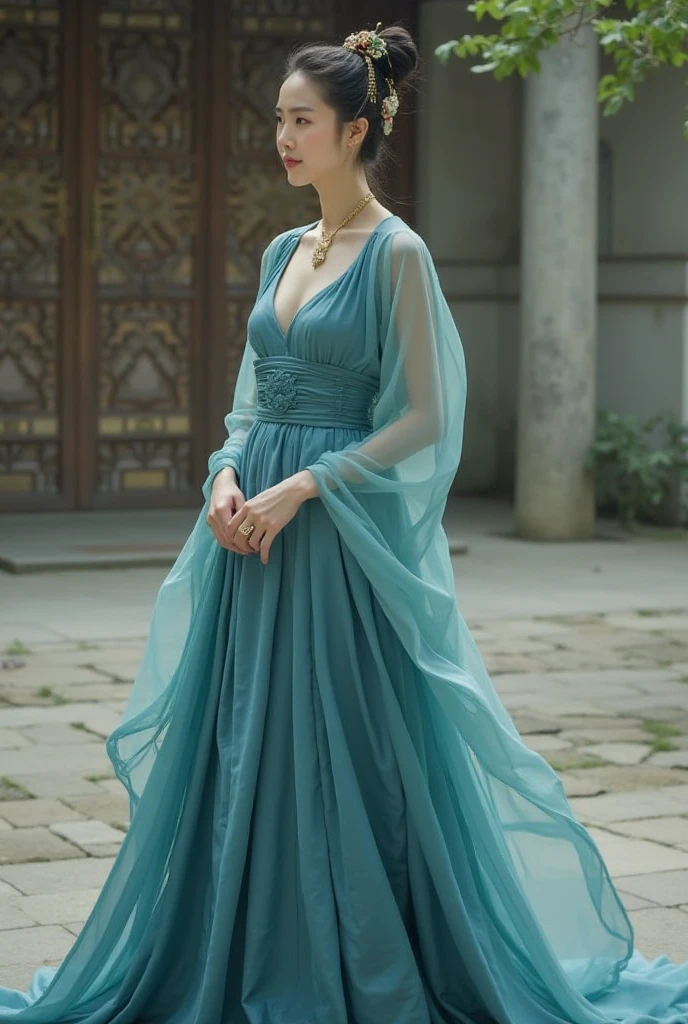 Create Alexandra Daddario in a beautiful light blue medieval dress danced with Jacob Elordi in green medieval clothing