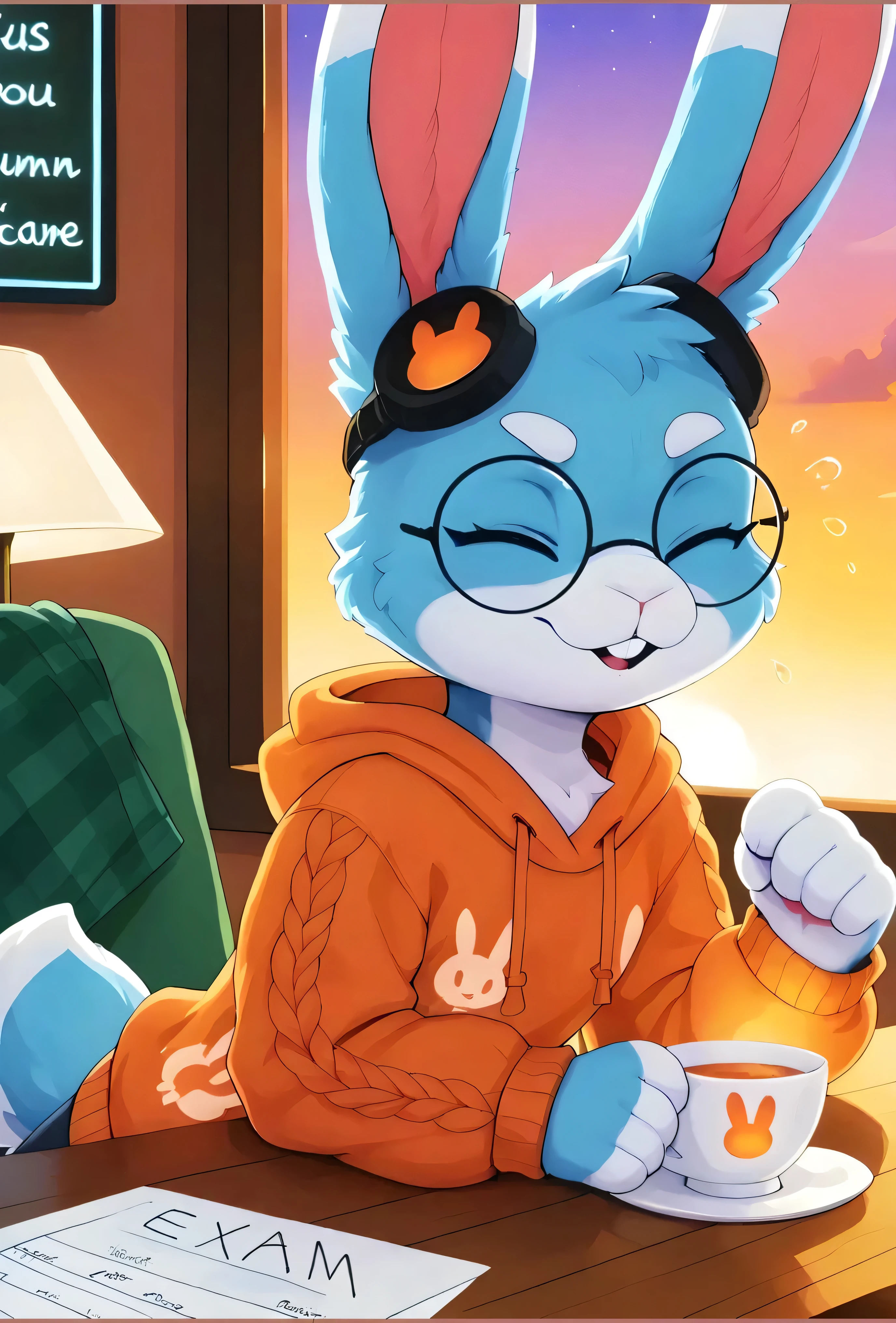 [3.0K💕] 🐰 [Generating 3 Test*] - masterpiece, ultra-detailed, masterful, mythical, beautiful, Stunning, Captivating, Enchanting, Mesmerizing, Intriguing, cozy room, indoor, lofi anime illustration style, soft lighting, warm tones, sunset sky outside the window, raindrops on glass, glass relfections, glowing orange and purple sky, warm desk lamp, soft shadows, peaceful indoor atmosphere, solo, (KuroRabbi, rabbit, anthro, DTkr, furs, buckteeth, slender, blue fur, paw, floppy_ear relax ear_down) ((closed_mouth with buckteeth)), wearing warm hoodie, round glasses, cozy autumn sweater, headphones on head, sleeping face down on desk, peaceful expression, tea cup on desk, blanket draped over chair, wooden table, fairy lights, (paper written "Exam"), calm mood, chibi proportions, sfw