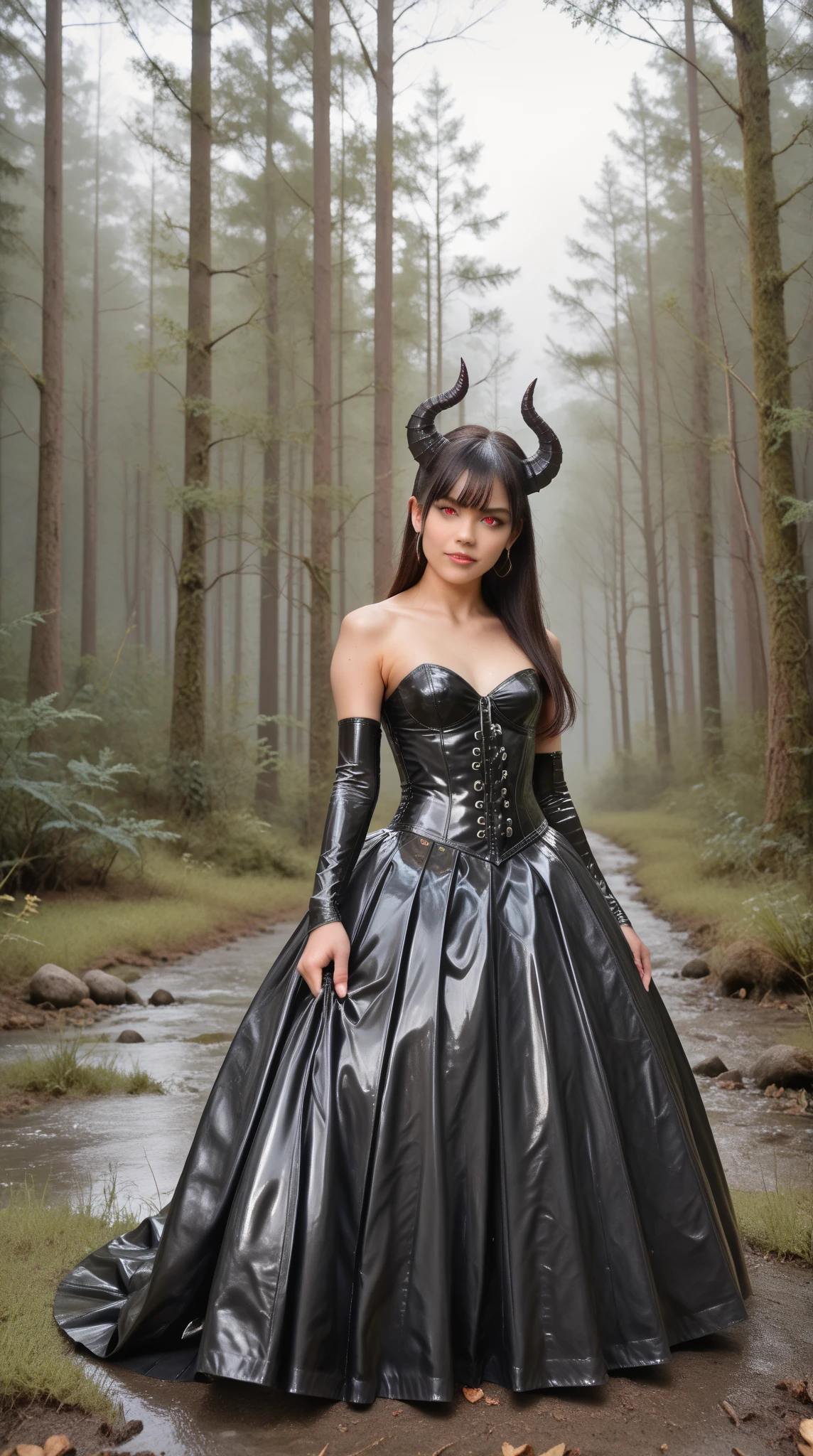 a demon girl in a leather nun dress, golden bustier, black horns, perfect youthful face, mysterious and dark aura, dark fantasy, intricate details, inspired by gothic art, sharp focus, full body shot, cinematic lighting, chiaroscuro, moody atmosphere, dramatic shadows, painterly style, muted color palette, high contrast, detailed textures, gritty grungy, photo-realistic, masterpiece, 8k, best quality