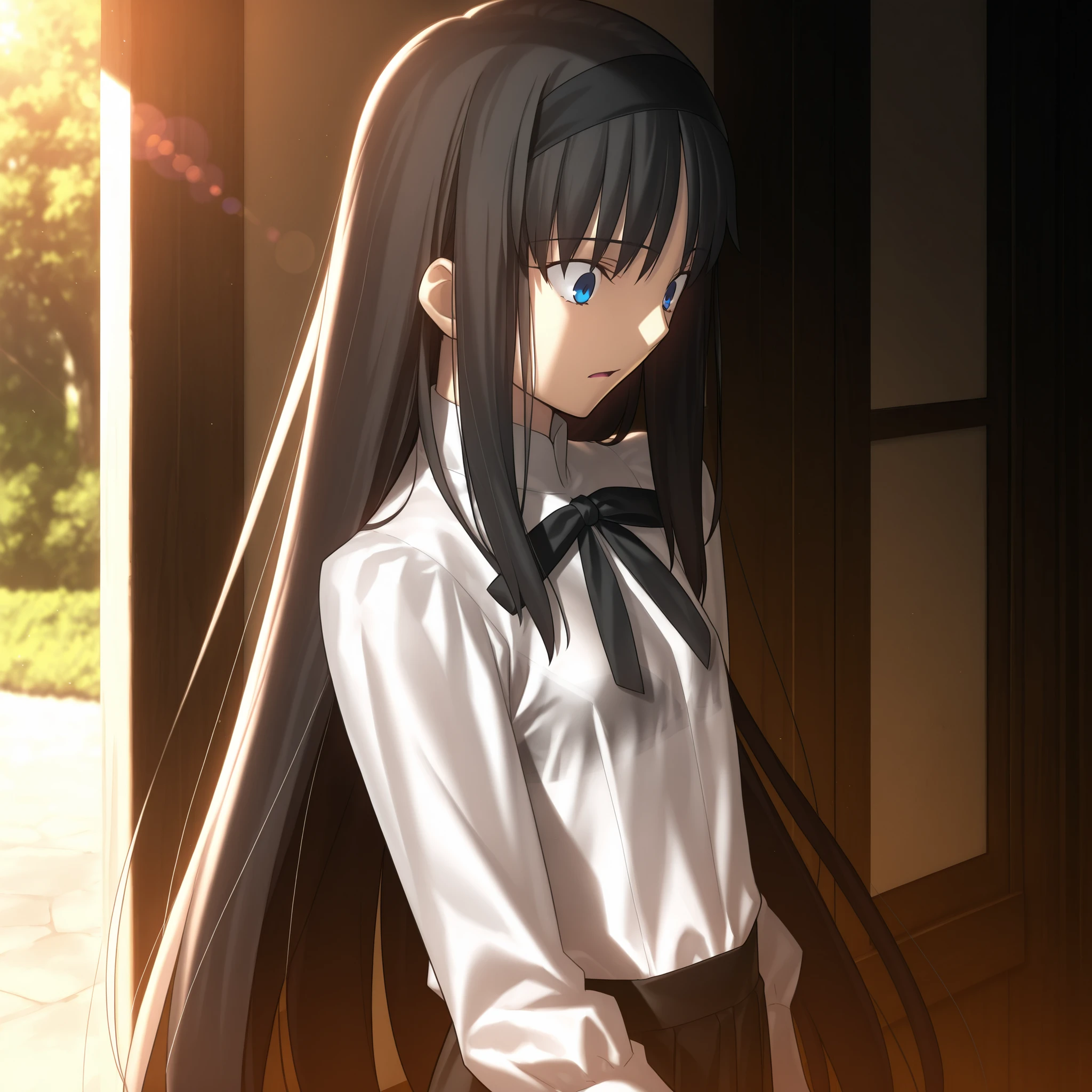 masterpiece, , absurdres, highres, detailed background, high resolution, masterpiece, necessary, detail, best quality, quality, necessary, details, High details, Precise, dark, outdoors, dappled sunlight, day, lens flare, blurry background, from above, upper body, from side,
1girl, , Takeuchi Takashi (type-moon,tsukihime) style, takeuchi takashi style,
tall girl, mature, Akiha_Tohno, (tsukihime), black hair, bangs, long hair, blue eyes, upturned eyes, black headband, straight hair, tsurime, ,(), (surprised, wide-eyed),
(white shirt, black long skirt), see-through, bra, undress black ribbon, small breast, flat chest, , looking down, ,