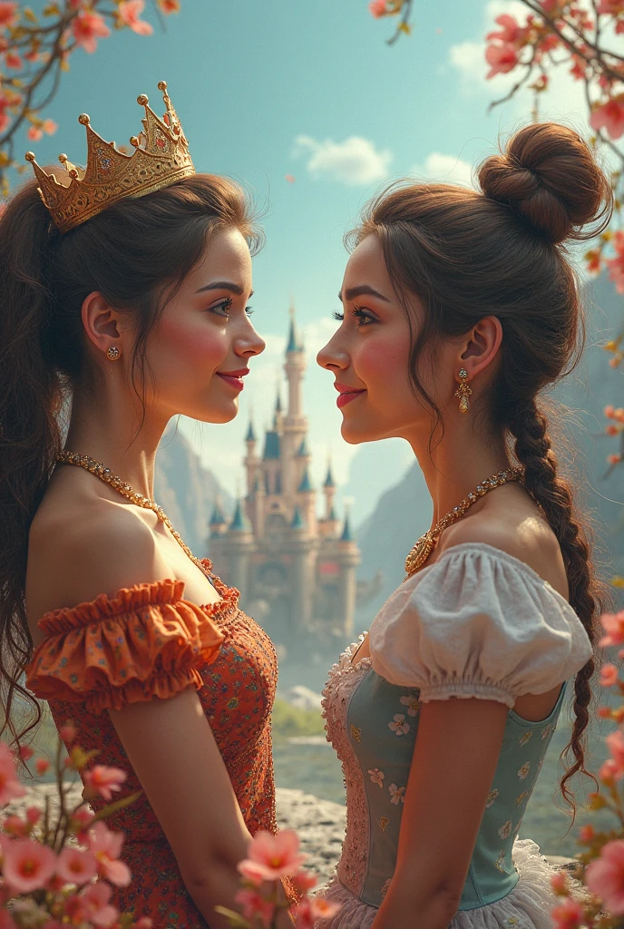 (masterpiece, best quality:1.5), highest quality, High resolution, super detailed, Realists, Upper body photo of the brunette princess, detailed and beautiful eyes, beautiful detailed lips, very detailed eyes and face, longeyelashes, Princess in shiny satin royal dress, Beautiful and colorful makeup, Long braided ponytail hairstyle, elegant and noble々Pose,shiny crown and jewels, Royal gardens as background, soft daylight, bright colors, fine brushstrokes, Portrait style, Noble details in the dress fabric, beautiful color palette, glowing skin, First-class rendering, that captures every detail, enchanting atmosphere, subtle shadows and lights, (perfect anatomy:1.2), (Two stunning princesses are deeply in love:1.4), (kiss:1.2), (magnificent panorama view:1.2)