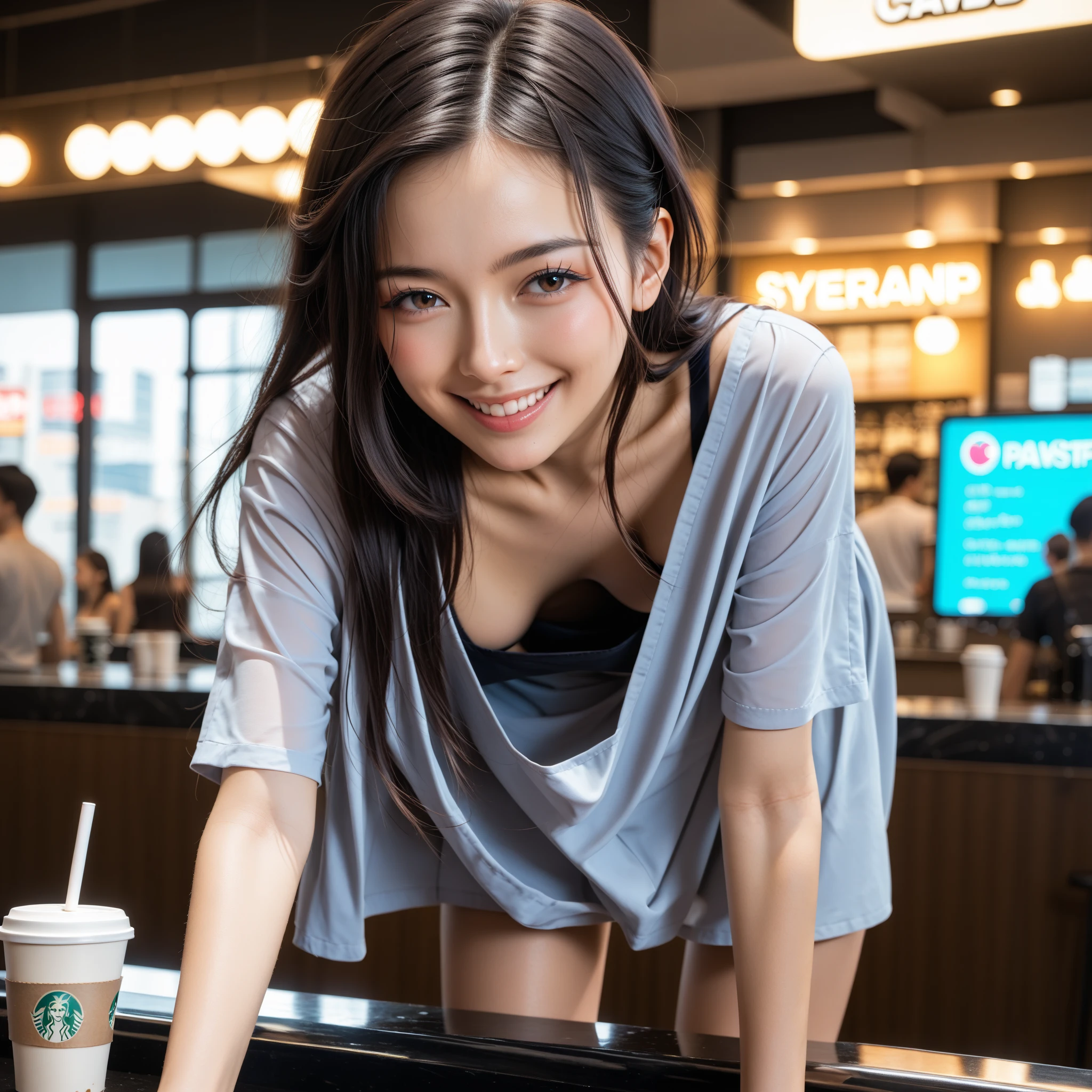 A girl in a blazer uniform ((White blouse with formal collar, Blue Blazer, 
Red Check Skirt, Red checkered ribbon on blouse)), Complete limbs, Full Finger, 
((((((Starbucks outdoor cafe among skyscrapers))))))、((16 year old female student))、(((((Eat cake、smile)))))、(((Heart Necklace、Gold bracelet)))
((((((Woman with Starbucks coffee))))))
(((Emphasize cleavage)))
(((((Ferrari 488)))))
(((((Dark eyeshadow)))))
((((Full body photo、The whole body is visible、Full body portrait))))
