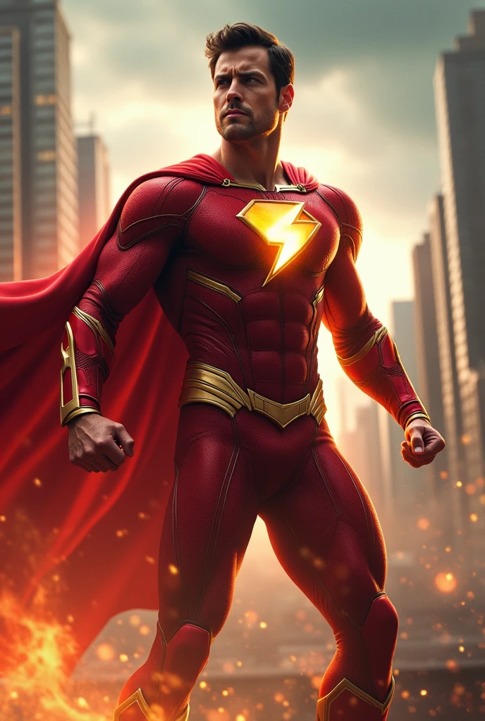 Create a hero with a red costume, a white cape with golden lines, a lightning bolt symbol on the chest.