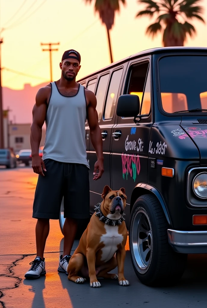 an 18 year old young man,trap singer,wearing no shirt,black Camaro,money,pitbull