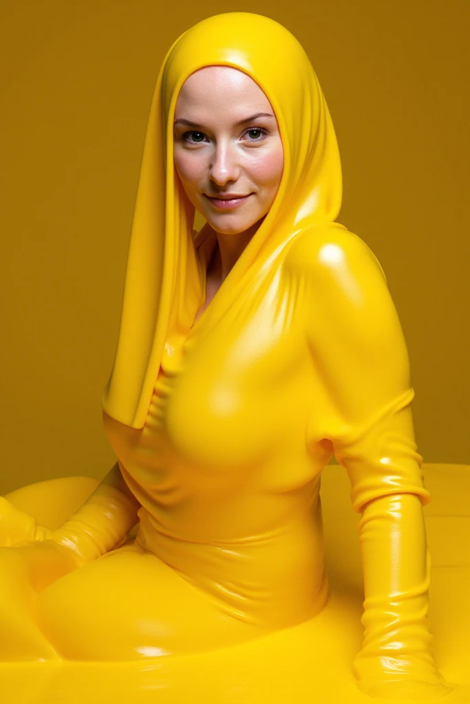 A portrait of a naked mystery of an Oranje-haired tanned Lady in a golden fully transparent poncho. She is Beautiful but she is...!!