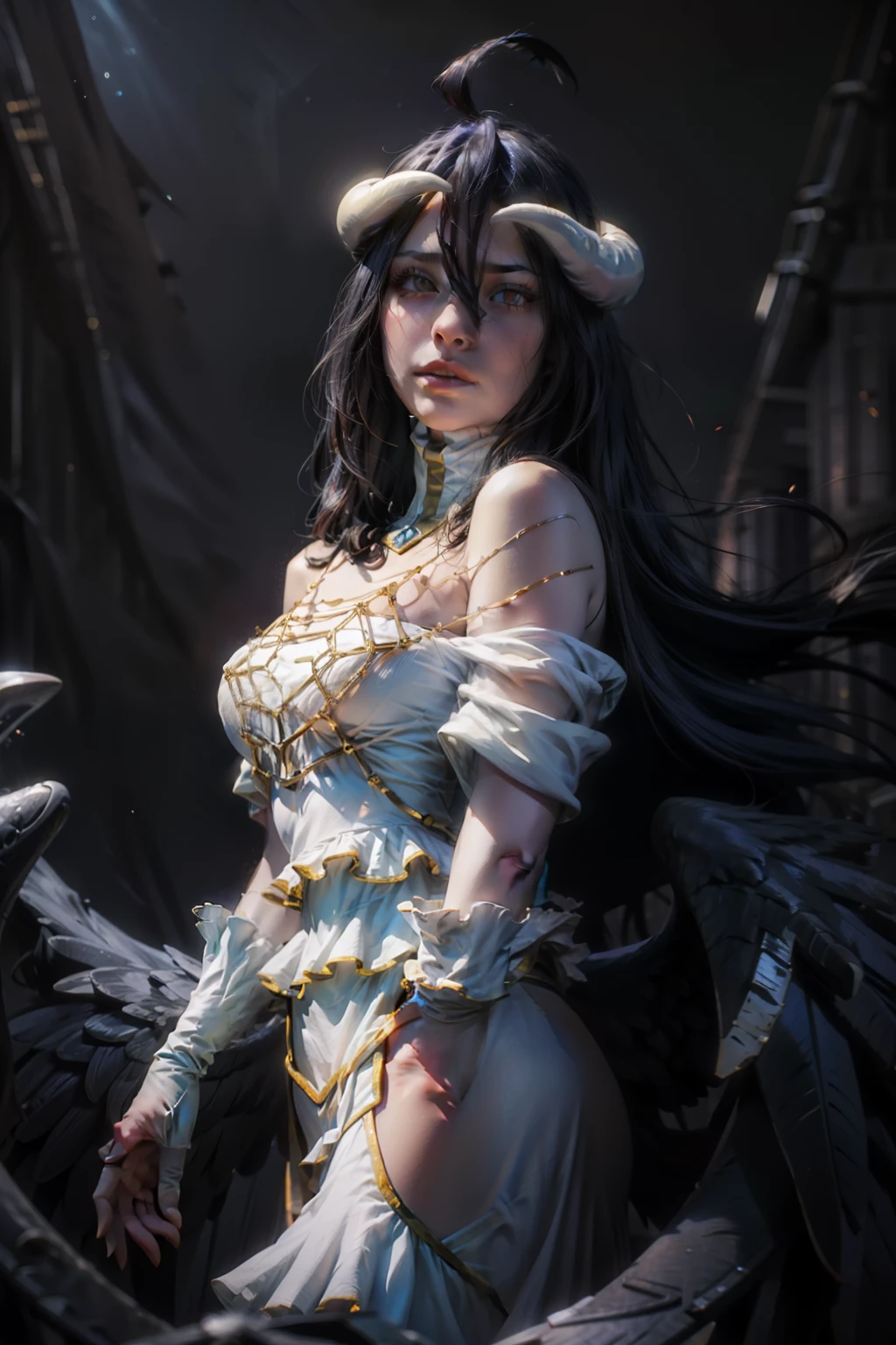 A beautiful, ethereal female character with long, flowing black hair and golden eyes, wearing an elegant off-shoulder white dress with ruffled sleeves and gloves. She has curved white horns and large black angelic wings. The background is a dramatic fiery sky with glowing embers floating around, creating a dark fantasy atmosphere. The character has a mysterious yet alluring expression, blending elements of gothic fantasy and anime aesthetics. Ultra-detailed, hyper-realistic rendering, soft lighting, and cinematic composition