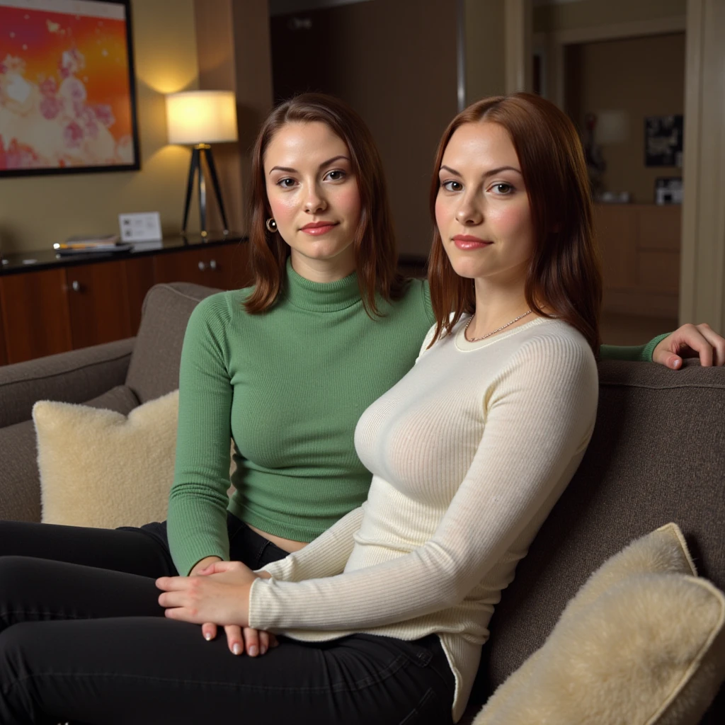 2heads, (a 12 year old girl and a 30 year old woman:1.5), (uncomfortable:1.5), (a redhead and a blonde:1.3)