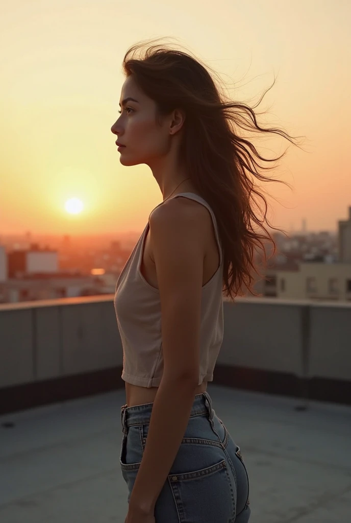 ((best illustration)) Brazilian girl, red hair, teenage body, black top, black tight skirt, black boot, urban landscape, building, skyline, sunset, silhouette against the clouds, contemplative.  