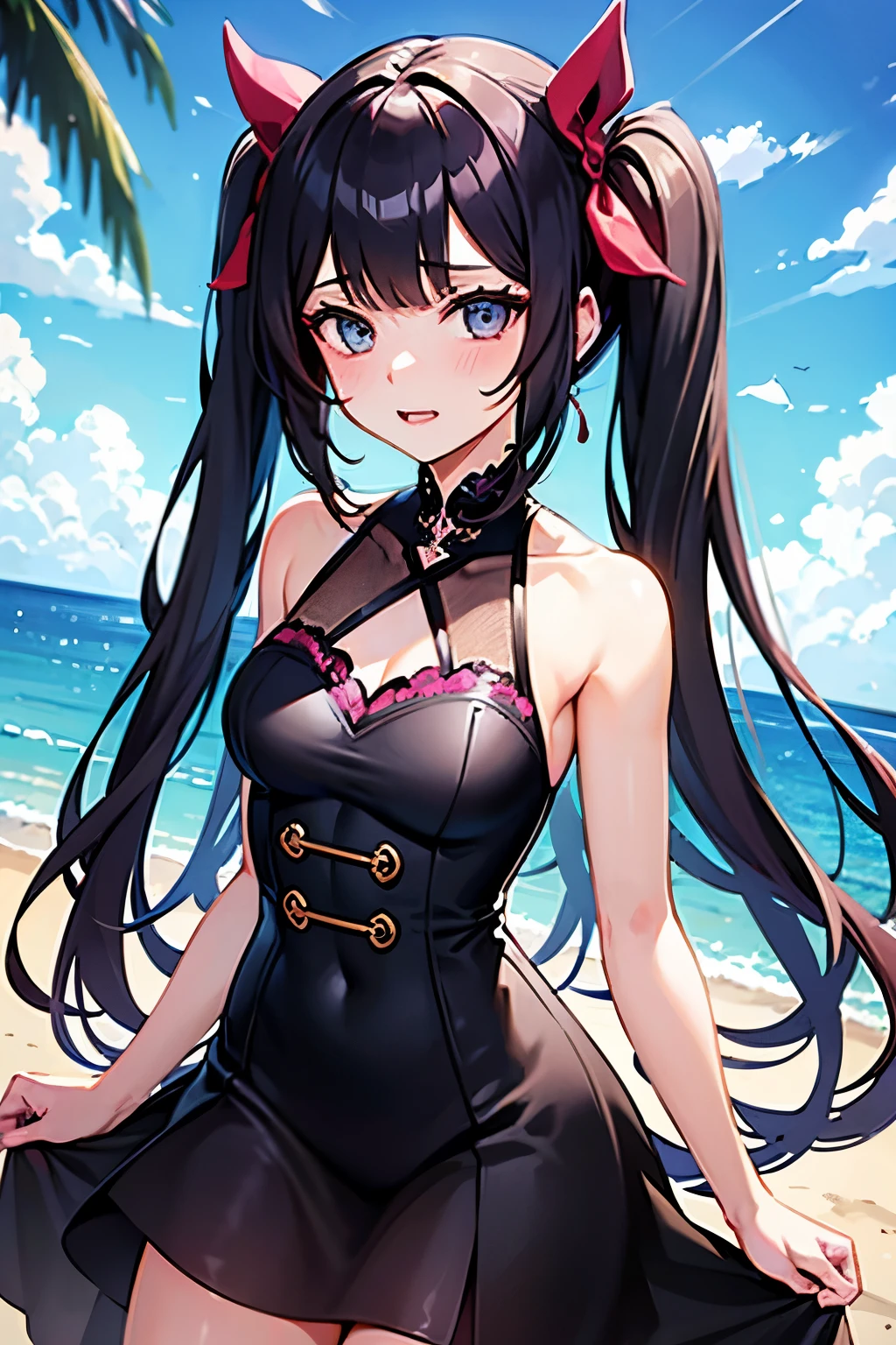 high quality, masterpiece, Super detailed, 1 girl, and clearly visible, alone, Black latex lace bikini,Maid tiara,Tape closure,Tie up all over with tape,BDSM,handcuffs,collar,calm expression,shy,bright red lips,handcuffs,collar,long black hair, charming pink eyes, fox ears, Ridiculously big, shiny skin, 坐在Sea of flowers里,hands behind back,Bright wilderness,Sea of flowers,grassland,waterside,