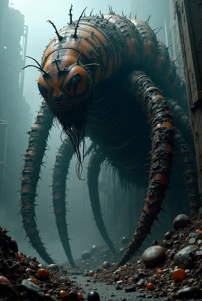 Giant insect fighting mini crabs in a city with melting buildings